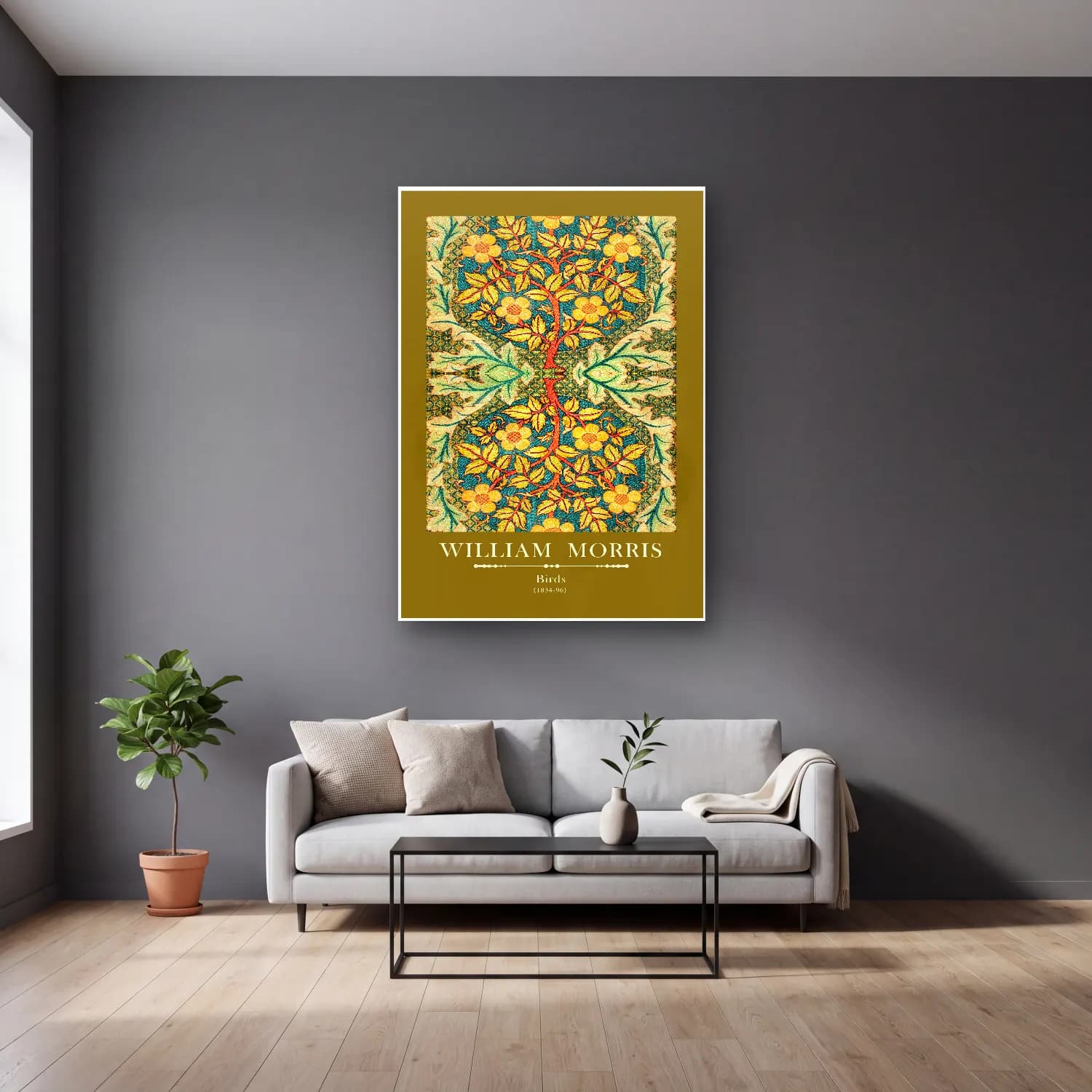 Botanik İllüstrasyon Çiçek Deseni No. 119 cam tablo — gri duvarlı salonda
