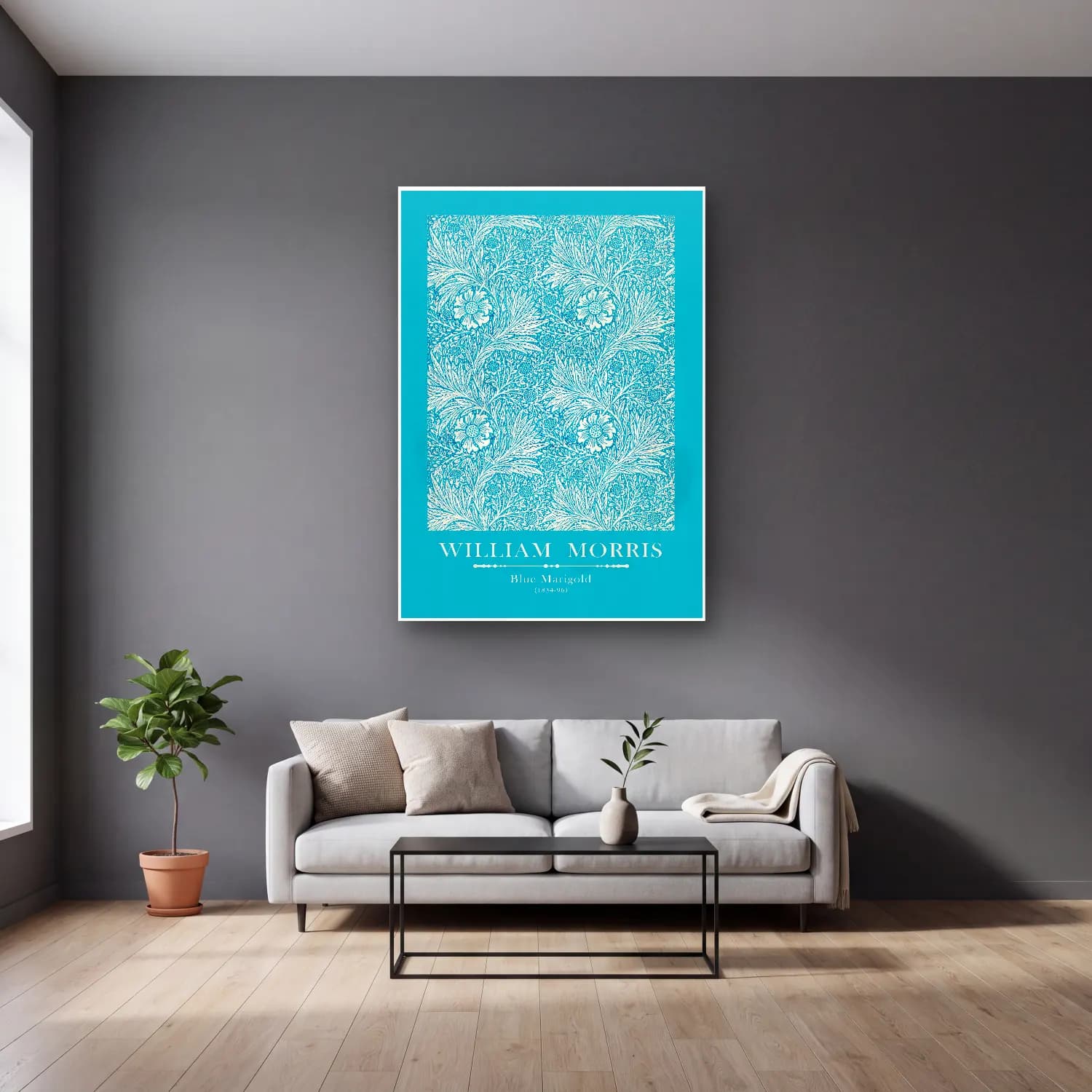 Botanik İllüstrasyon Çiçek Deseni No. 121 cam tablo — gri duvarlı salonda