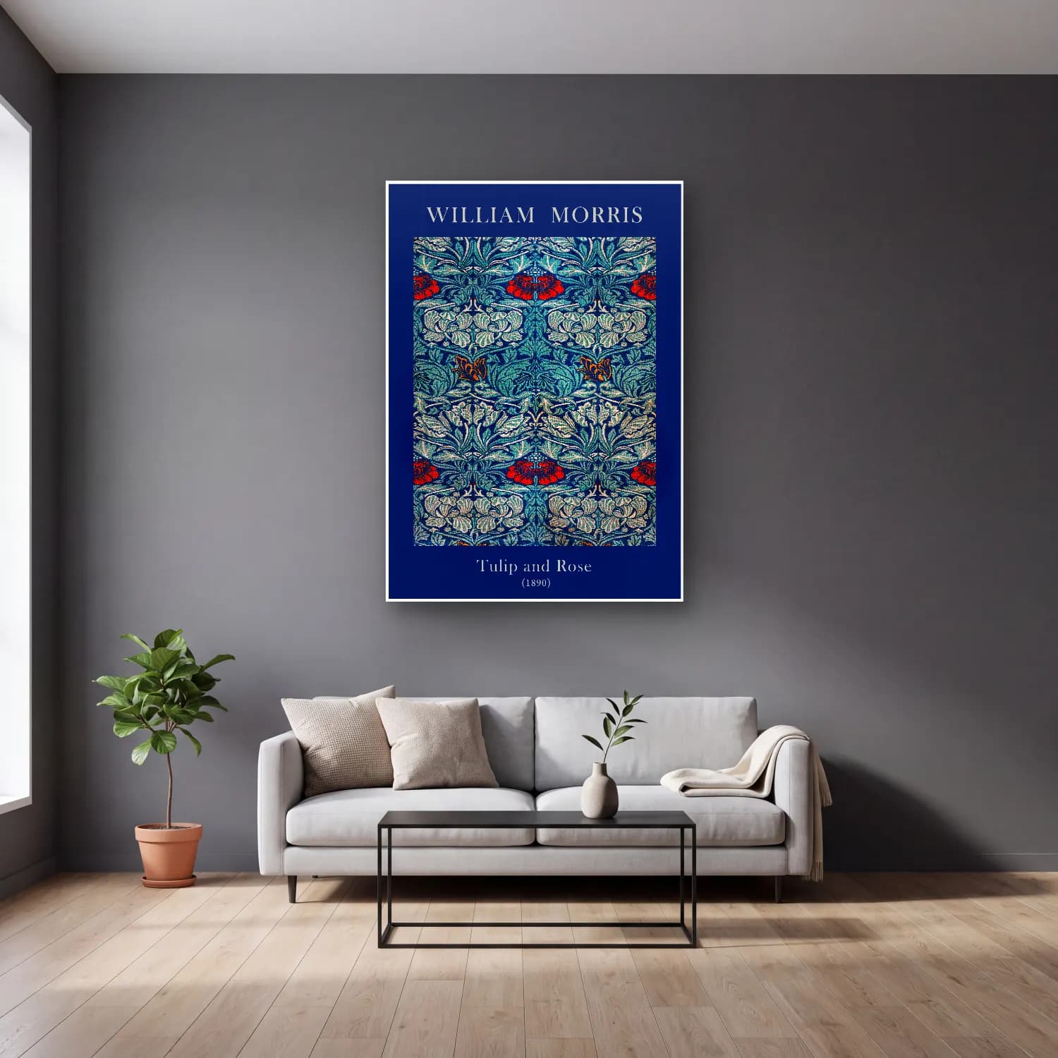 Maksimalist Çiçek Deseni No. 93 cam tablo — gri duvarlı salonda