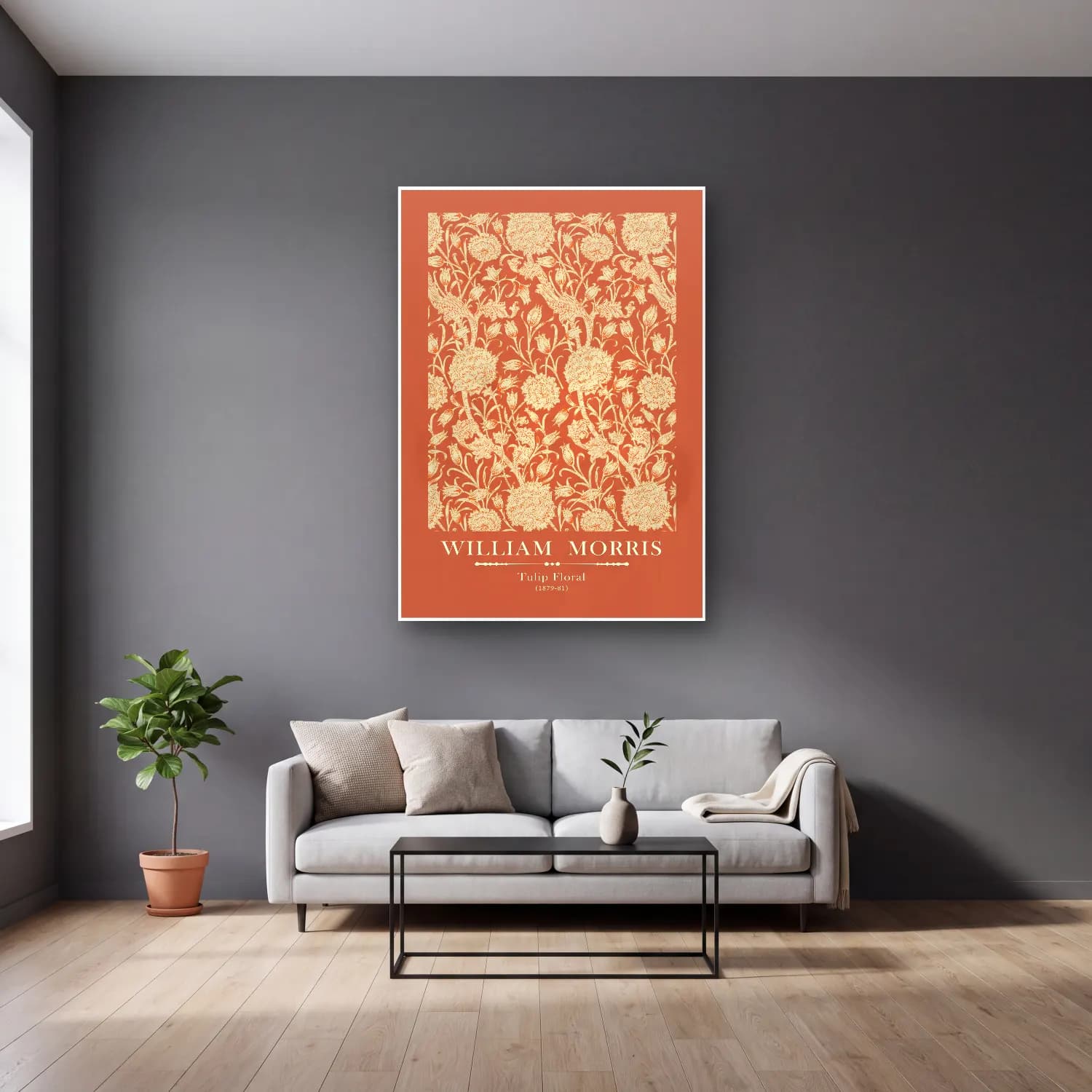Vintage Poster Çiçek Deseni No. 16 cam tablo — gri duvarlı salonda