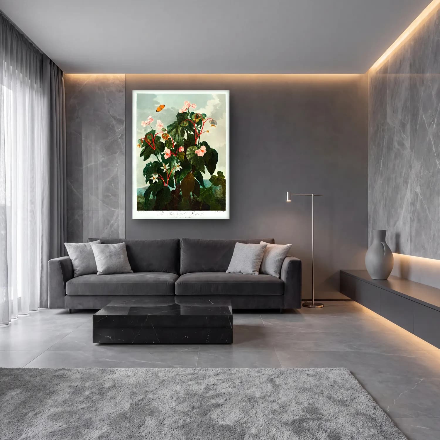 Botanik İllüstrasyon Çiçek Bahçesi No. 9 cam tablo — lüks salon duvarında