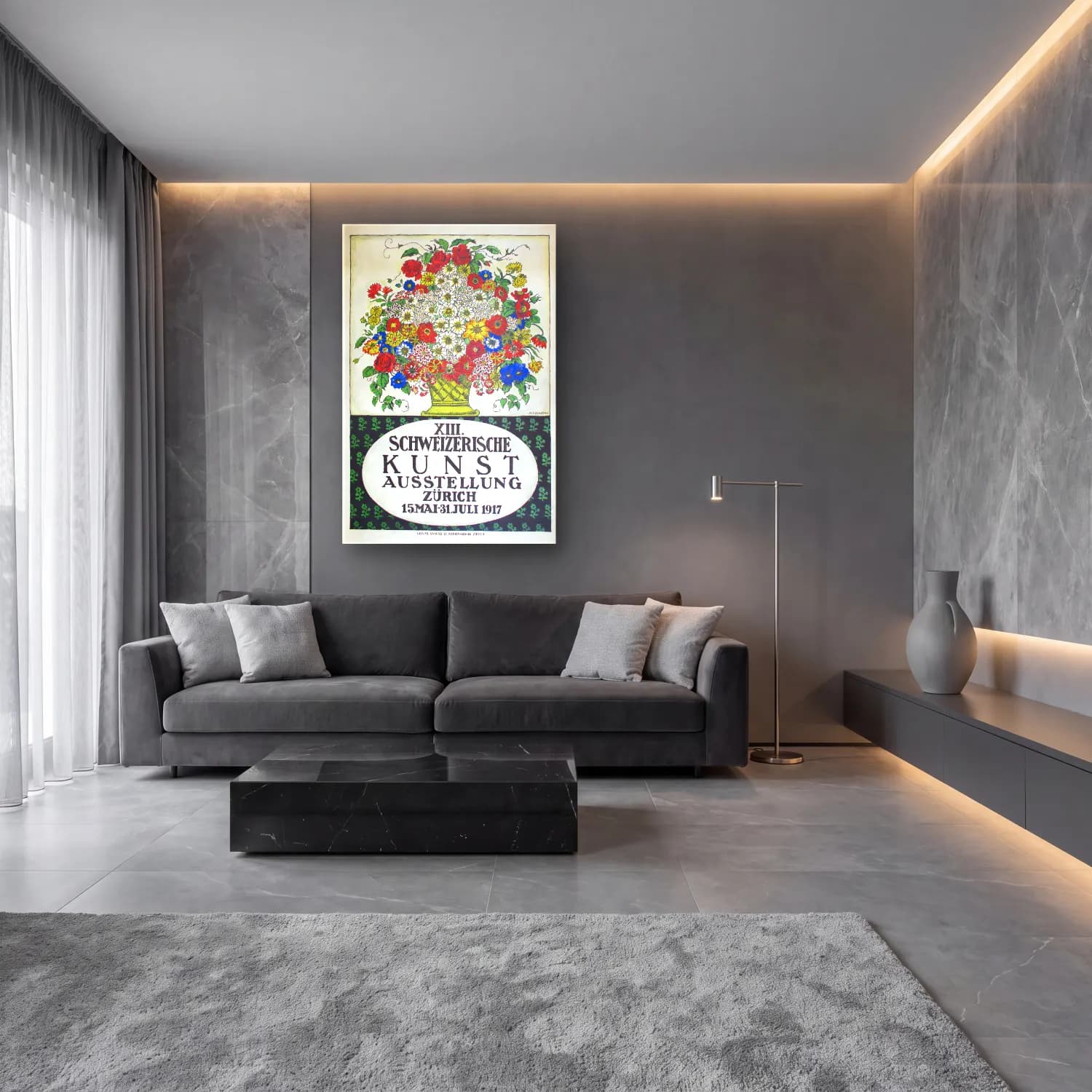 Vintage Poster Çiçek Pazarı – Sarı Tonlar cam tablo — lüks salon duvarında