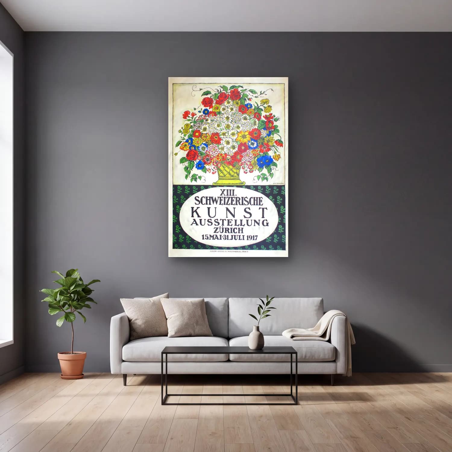 Vintage Poster Çiçek Pazarı – Sarı Tonlar cam tablo — gri duvarlı salonda