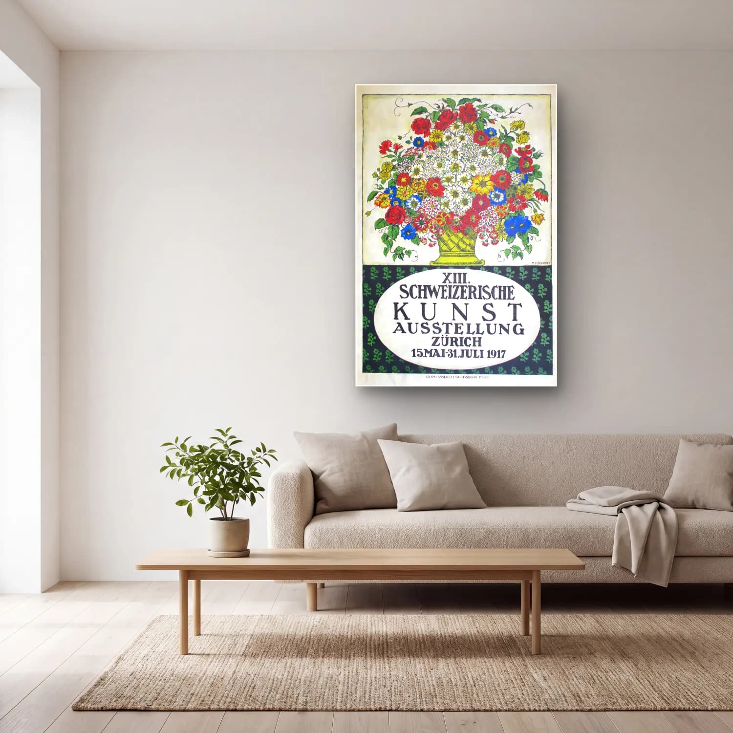 Vintage Poster Çiçek Pazarı – Sarı Tonlar cam tablo — açık renk salonda