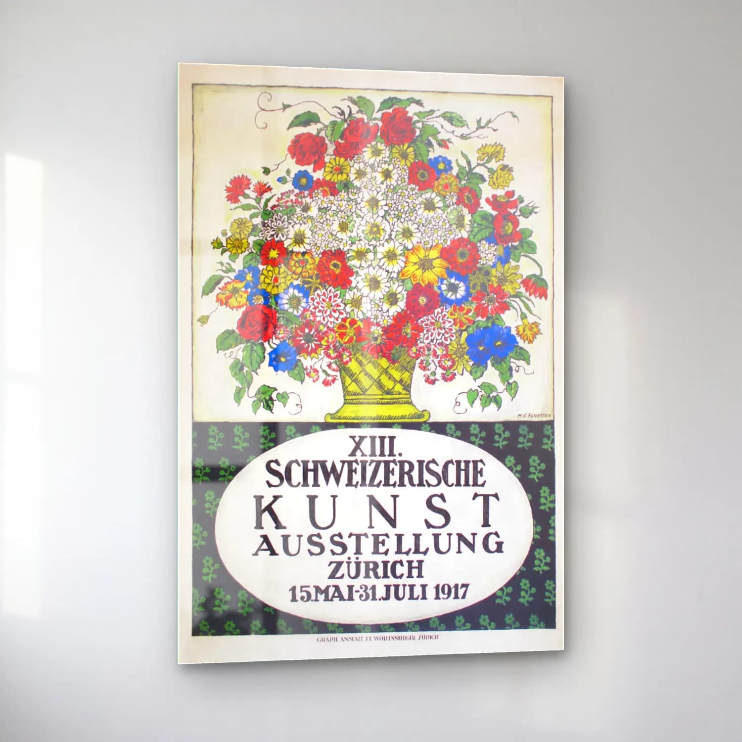 Vintage Poster Çiçek Pazarı – Sarı Tonlar cam tablo — sol açıdan görünüm