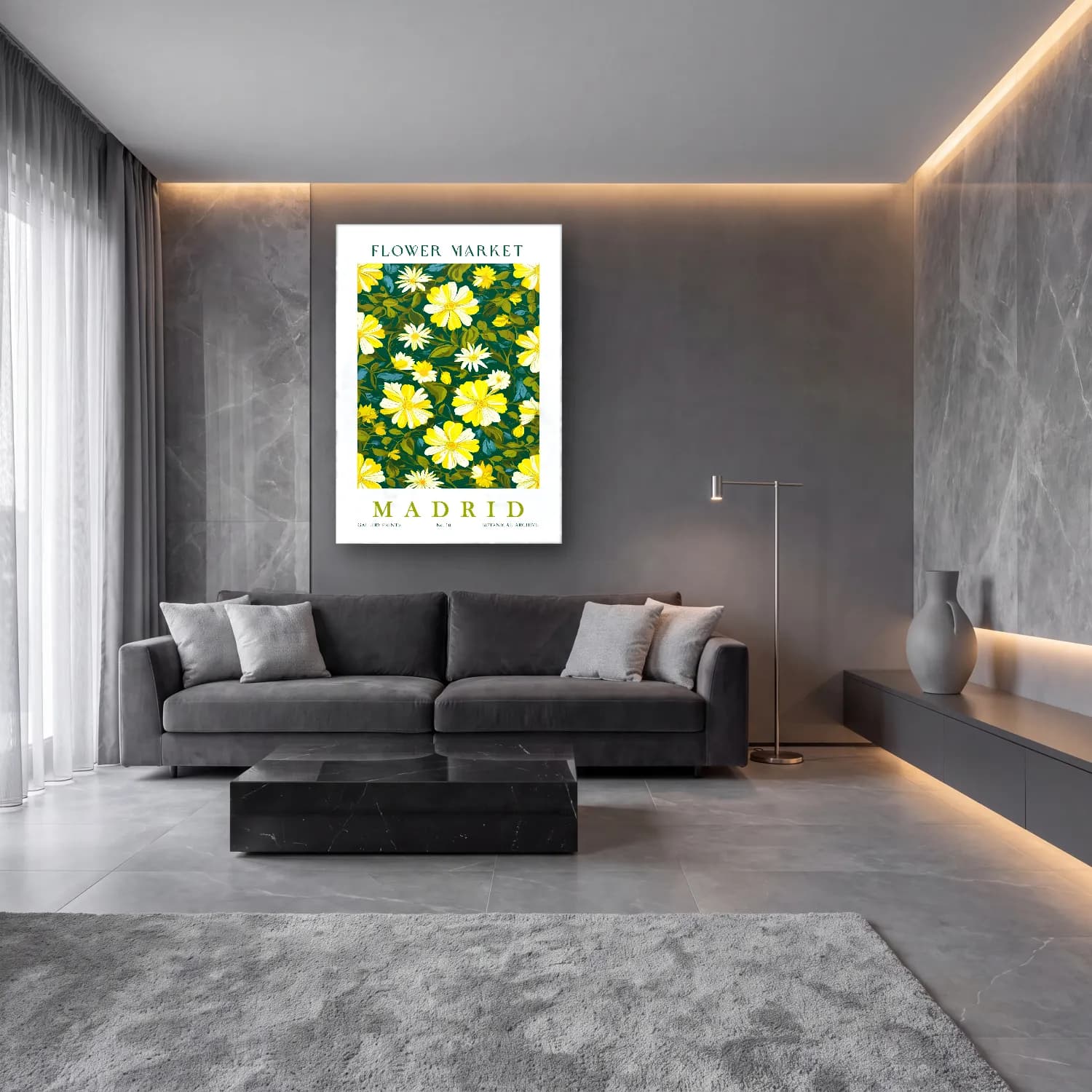 Retro Çiçek Deseni No. 125 cam tablo — lüks salon duvarında