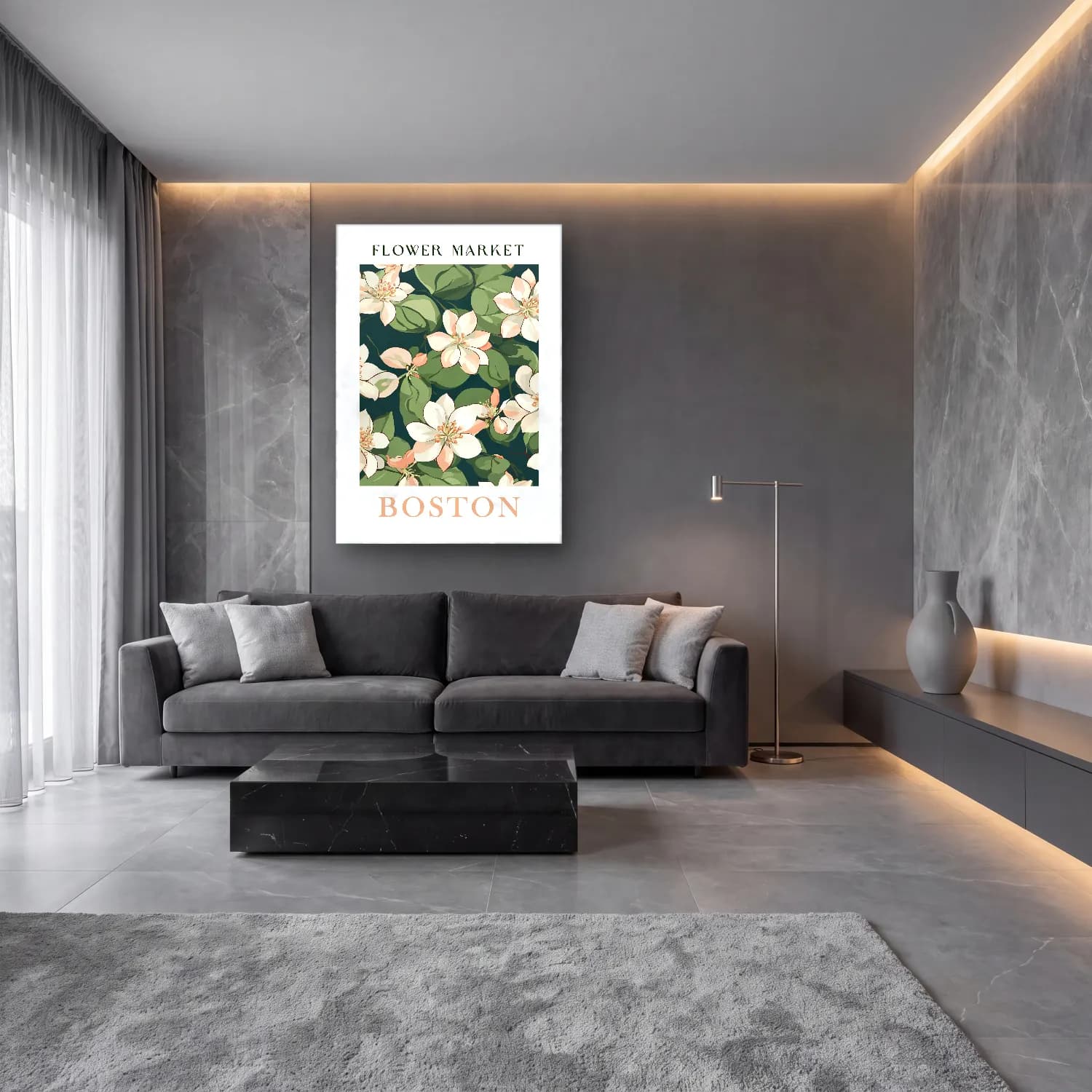 Pastel Çiçek Deseni No. 93 cam tablo — lüks salon duvarında