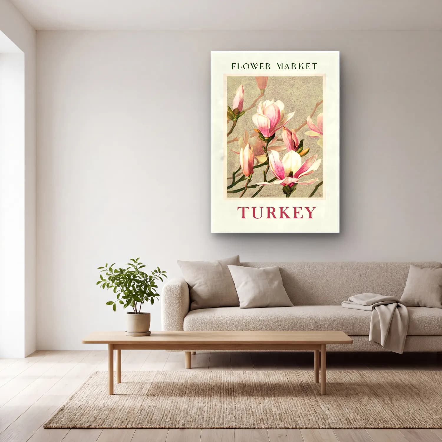 Botanik İllüstrasyon Manolya No. 27 cam tablo — açık renk salonda