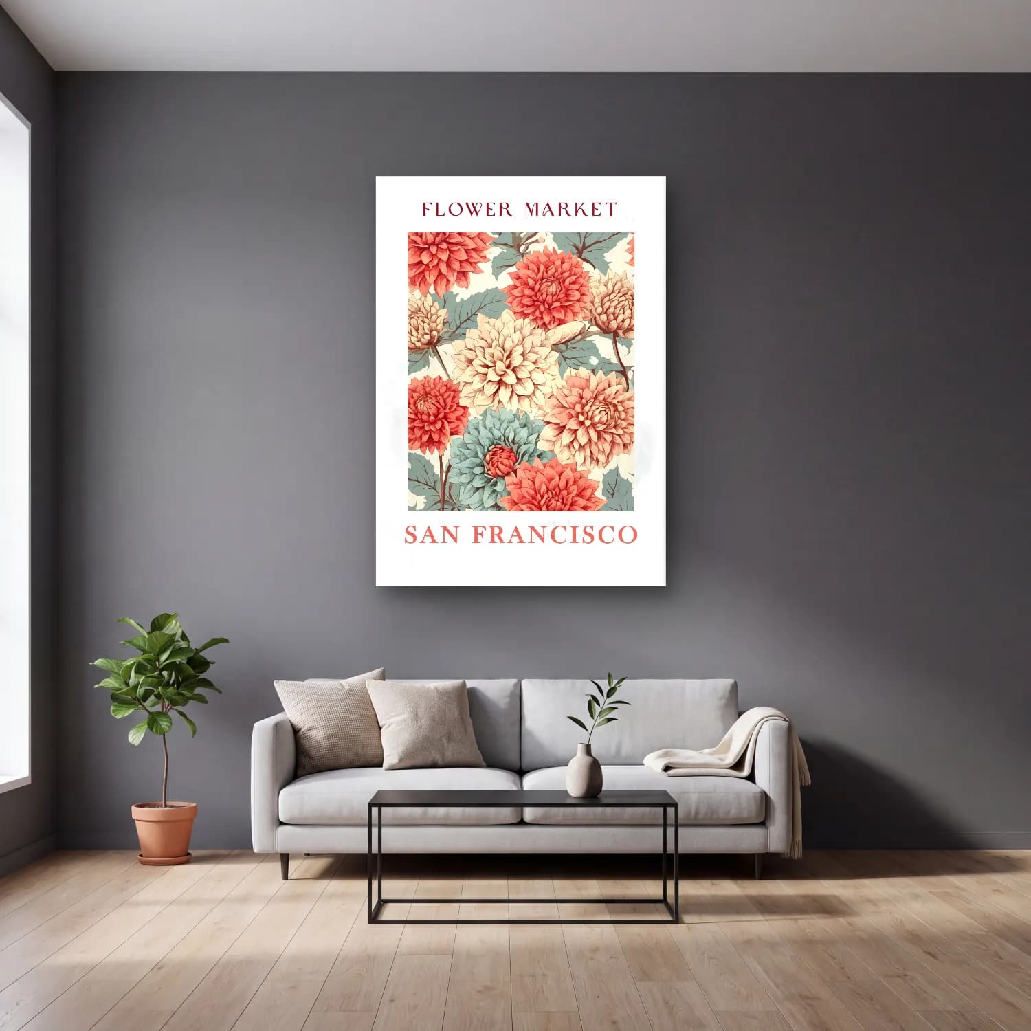 Pastel Çiçek Deseni No. 97 cam tablo — gri duvarlı salonda