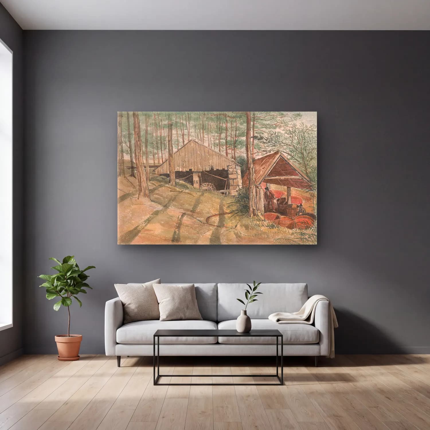 Suluboya Kır Evi No. 15 cam tablo — gri duvarlı salonda