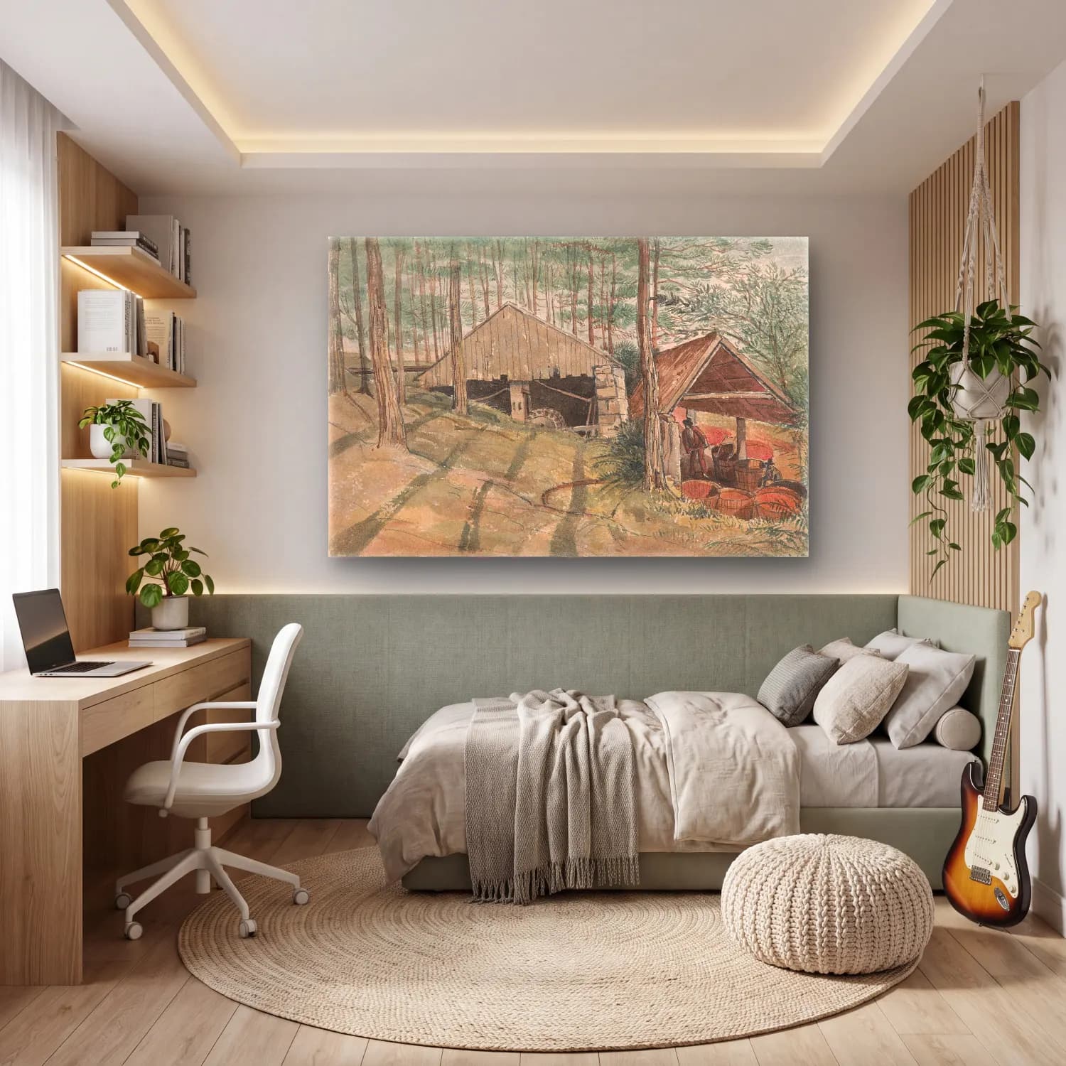 Suluboya Kır Evi No. 15 cam tablo — genç odasında