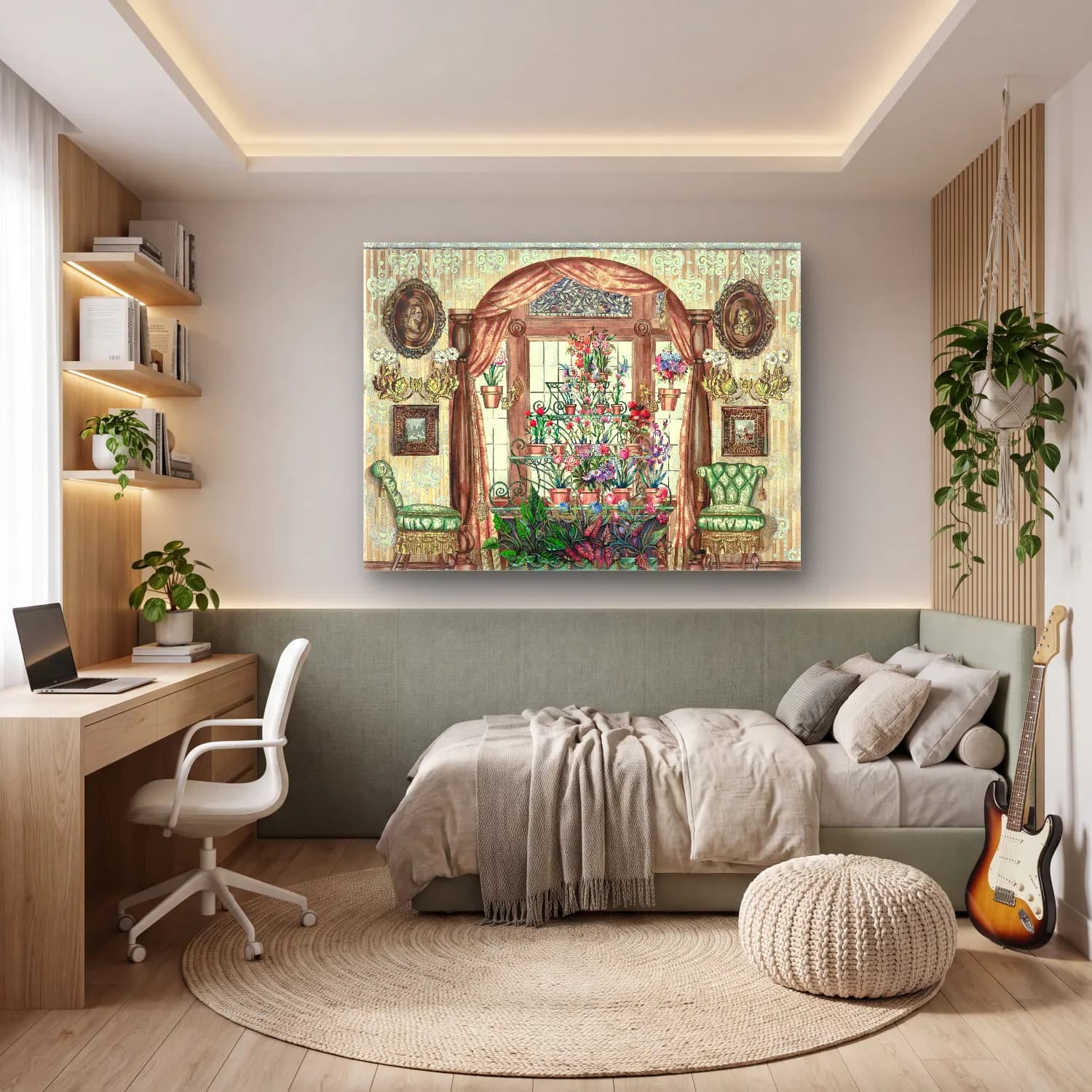 Suluboya Vintage İç Mekân – Pastel Tonlar cam tablo — genç odasında