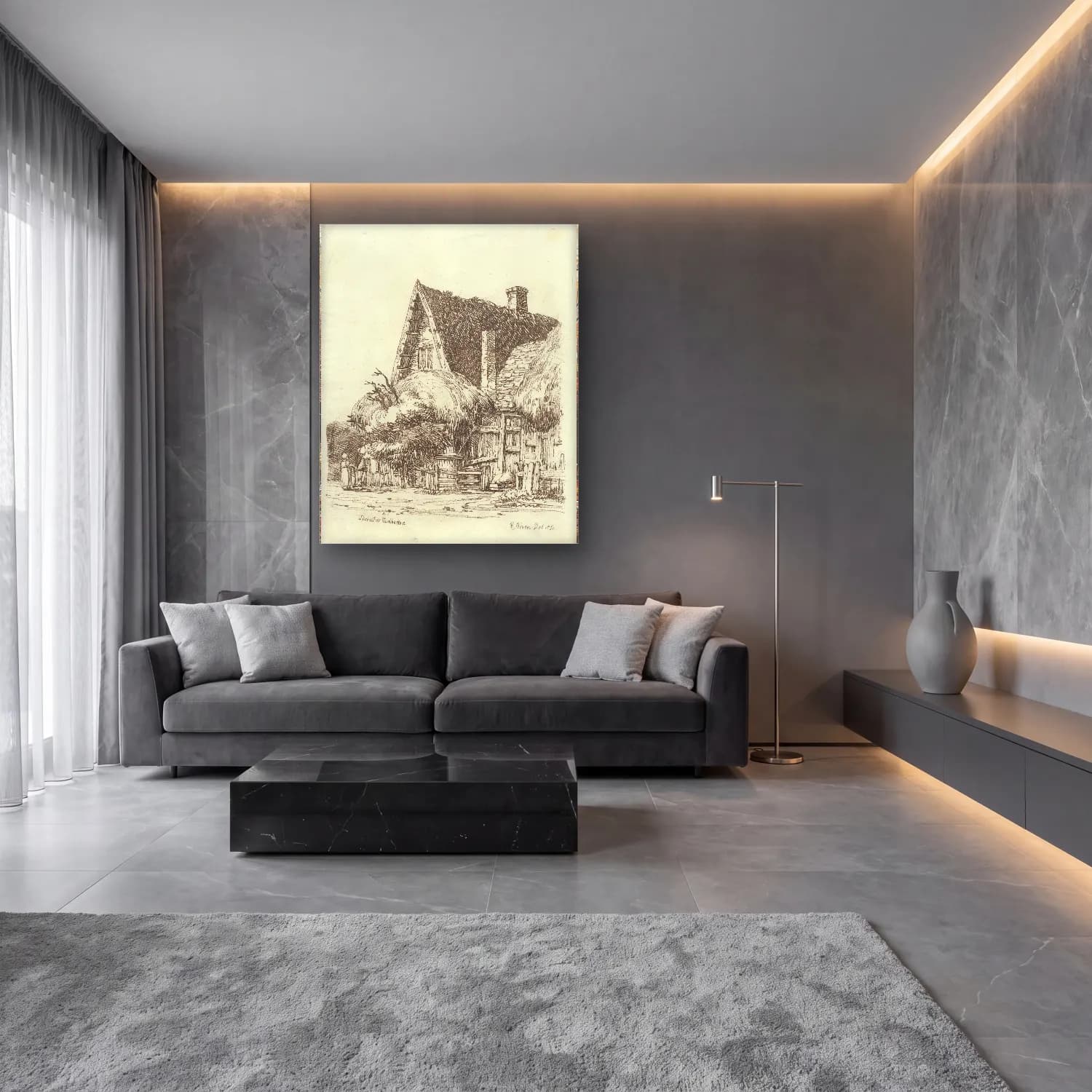 Vintage Kır Evi No. 22 cam tablo — lüks salon duvarında