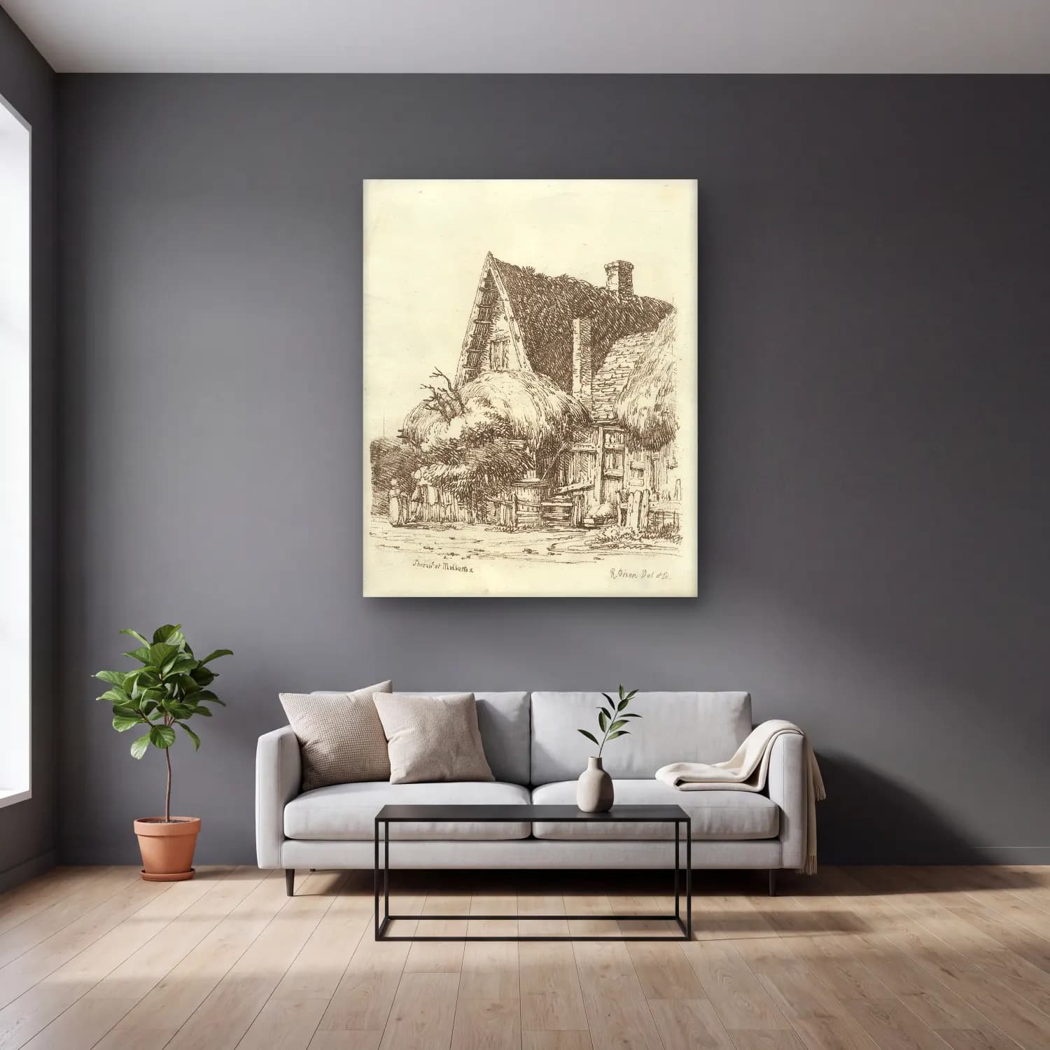 Vintage Kır Evi No. 22 cam tablo — gri duvarlı salonda