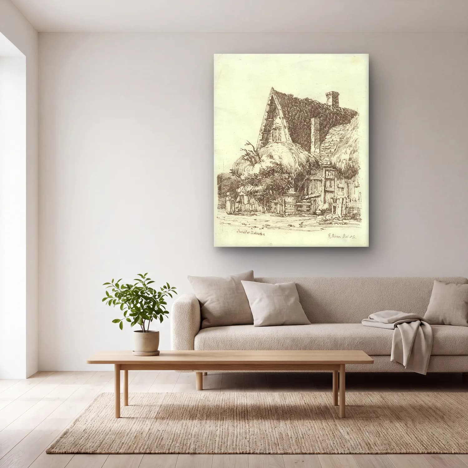 Vintage Kır Evi No. 22 cam tablo — açık renk salonda