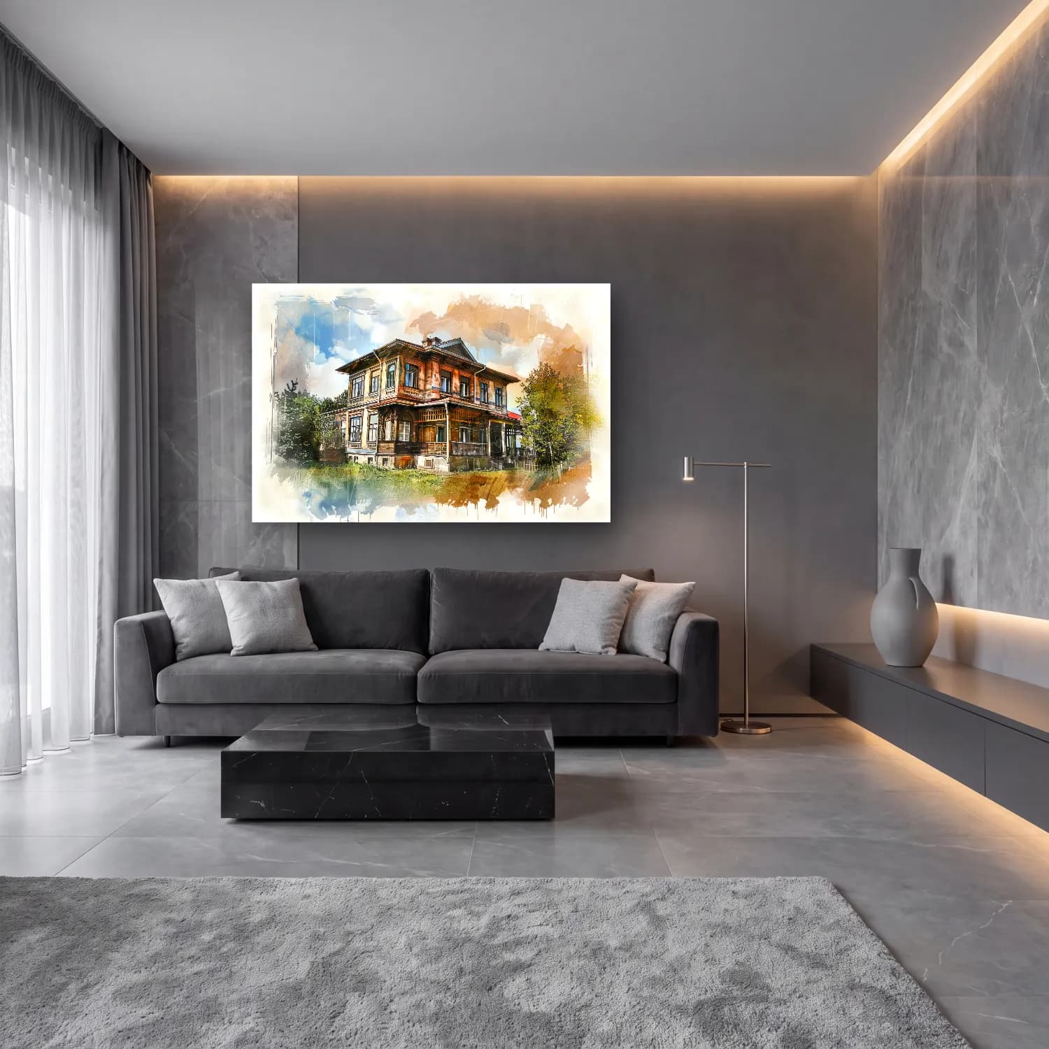 Suluboya Kır Evi No. 25 cam tablo — lüks salon duvarında