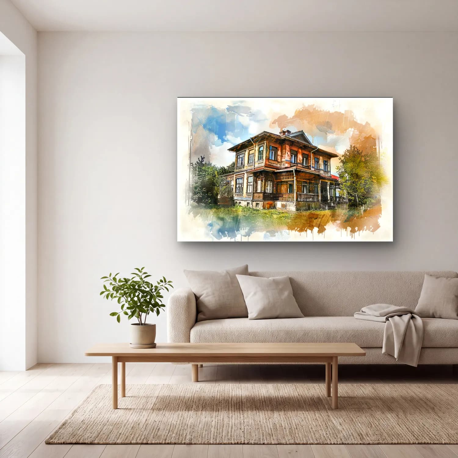 Suluboya Kır Evi No. 25 cam tablo — açık renk salonda