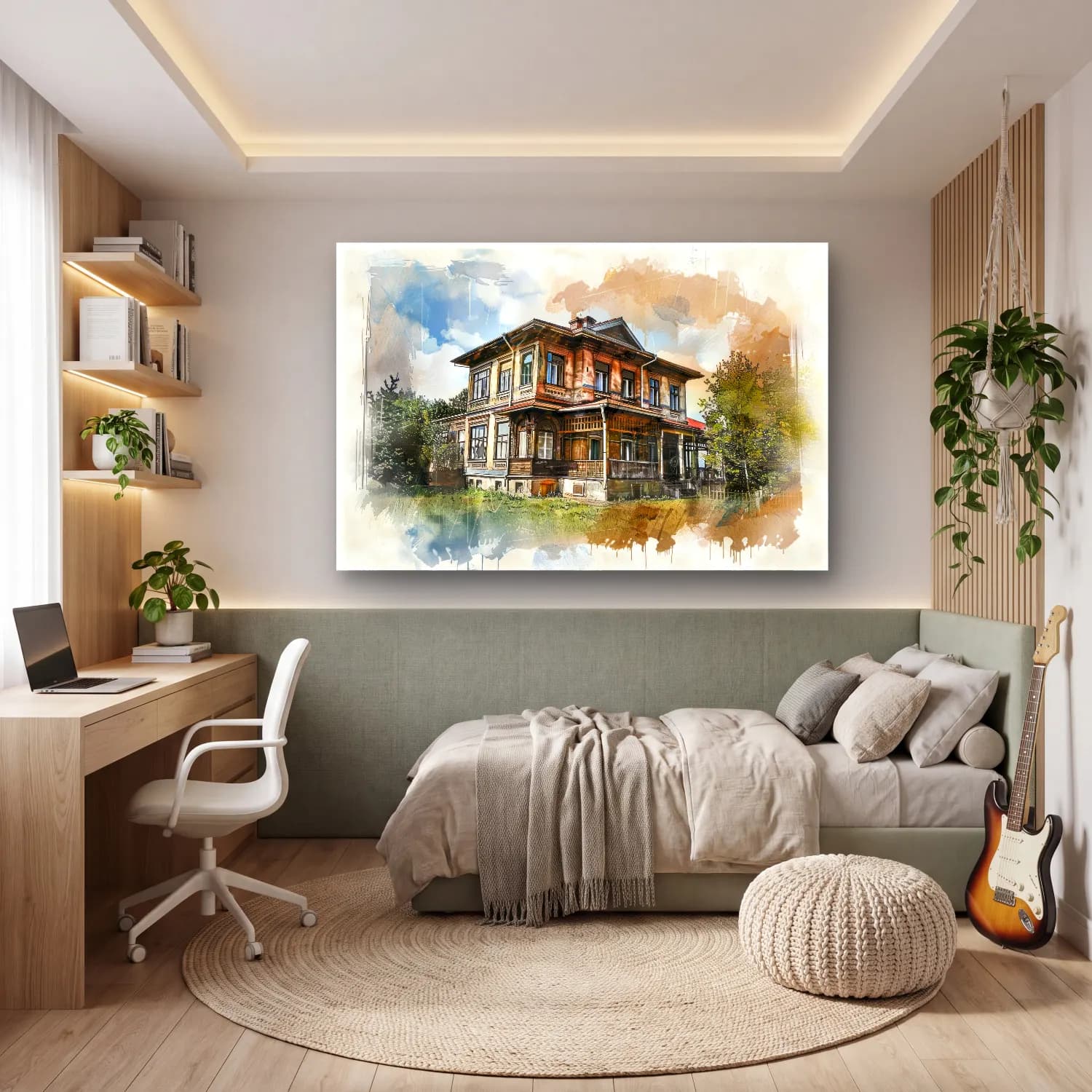 Suluboya Kır Evi No. 25 cam tablo — genç odasında