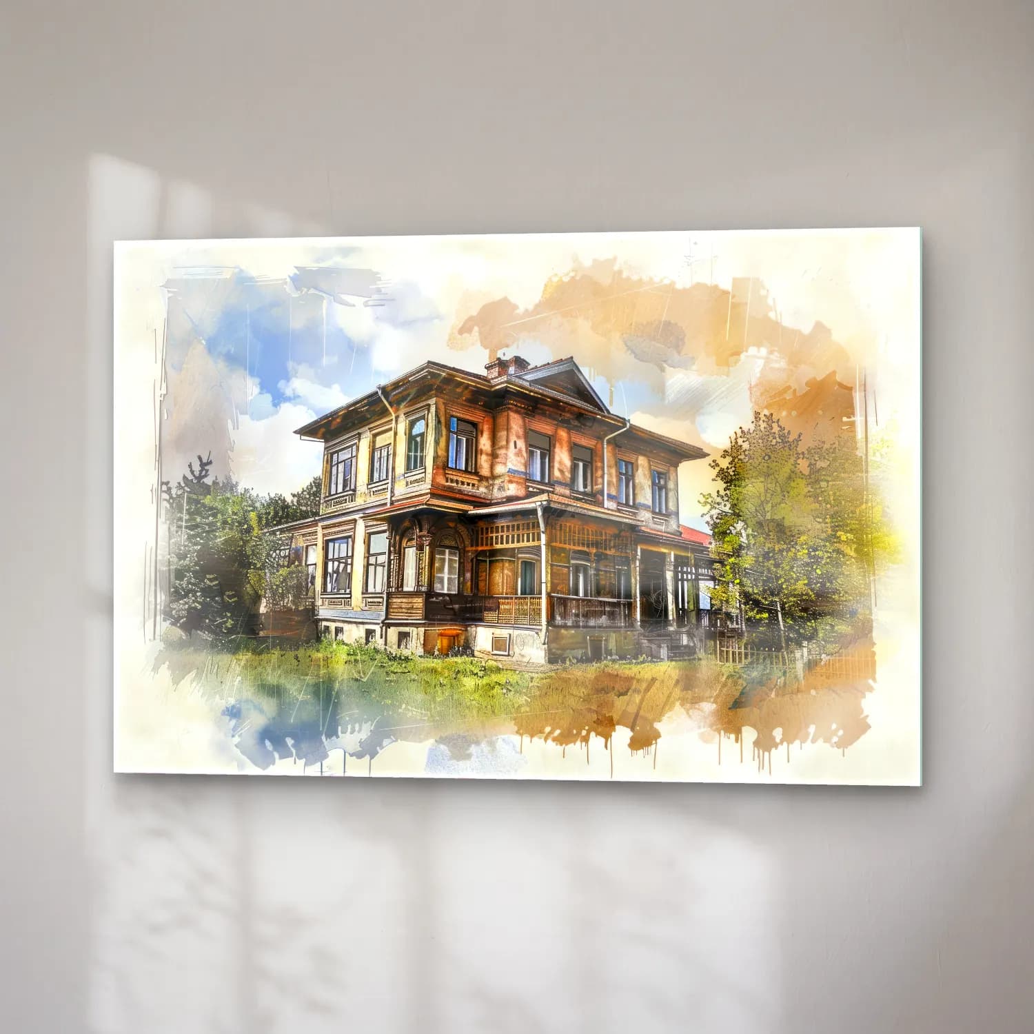 Suluboya Kır Evi No. 25 cam tablo — sağ açıdan görünüm