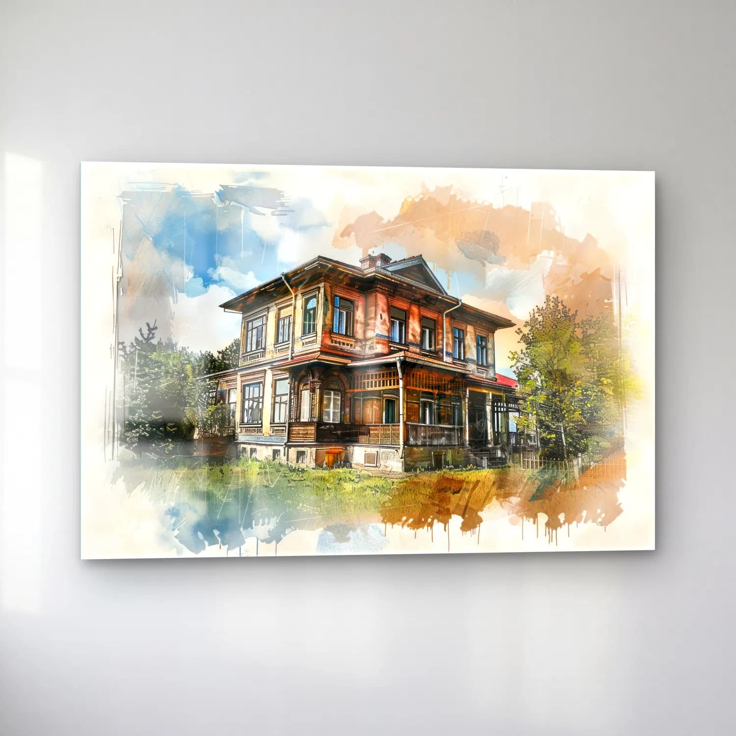 Suluboya Kır Evi No. 25 cam tablo — sol açıdan görünüm