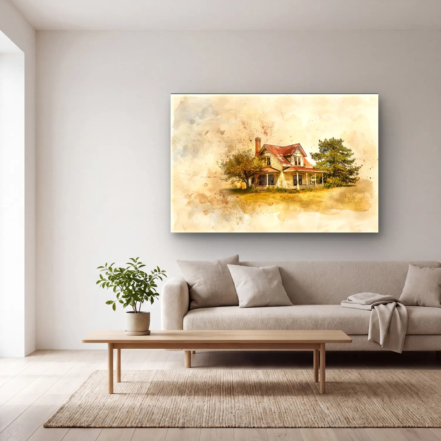 Suluboya Kır Evi No. 29 cam tablo — açık renk salonda
