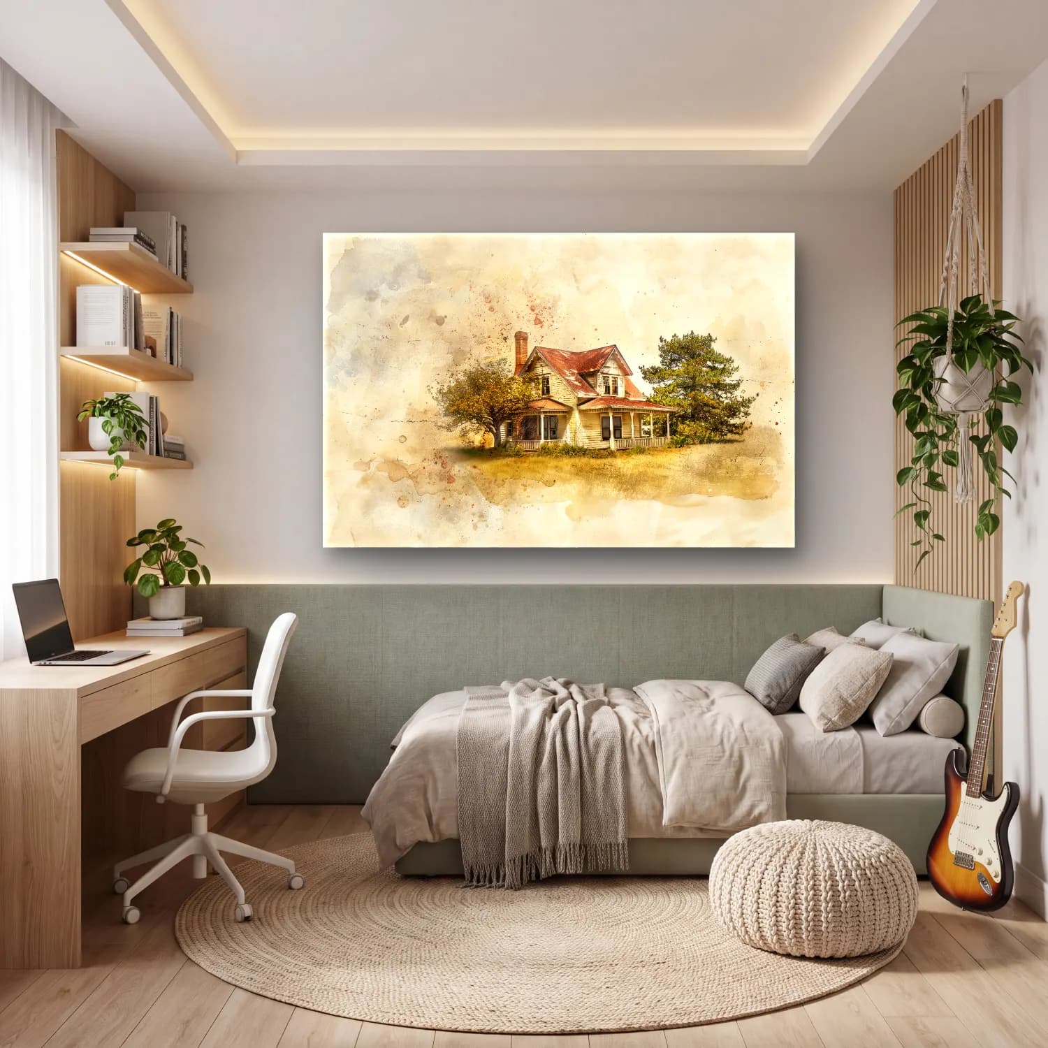 Suluboya Kır Evi No. 29 cam tablo — genç odasında