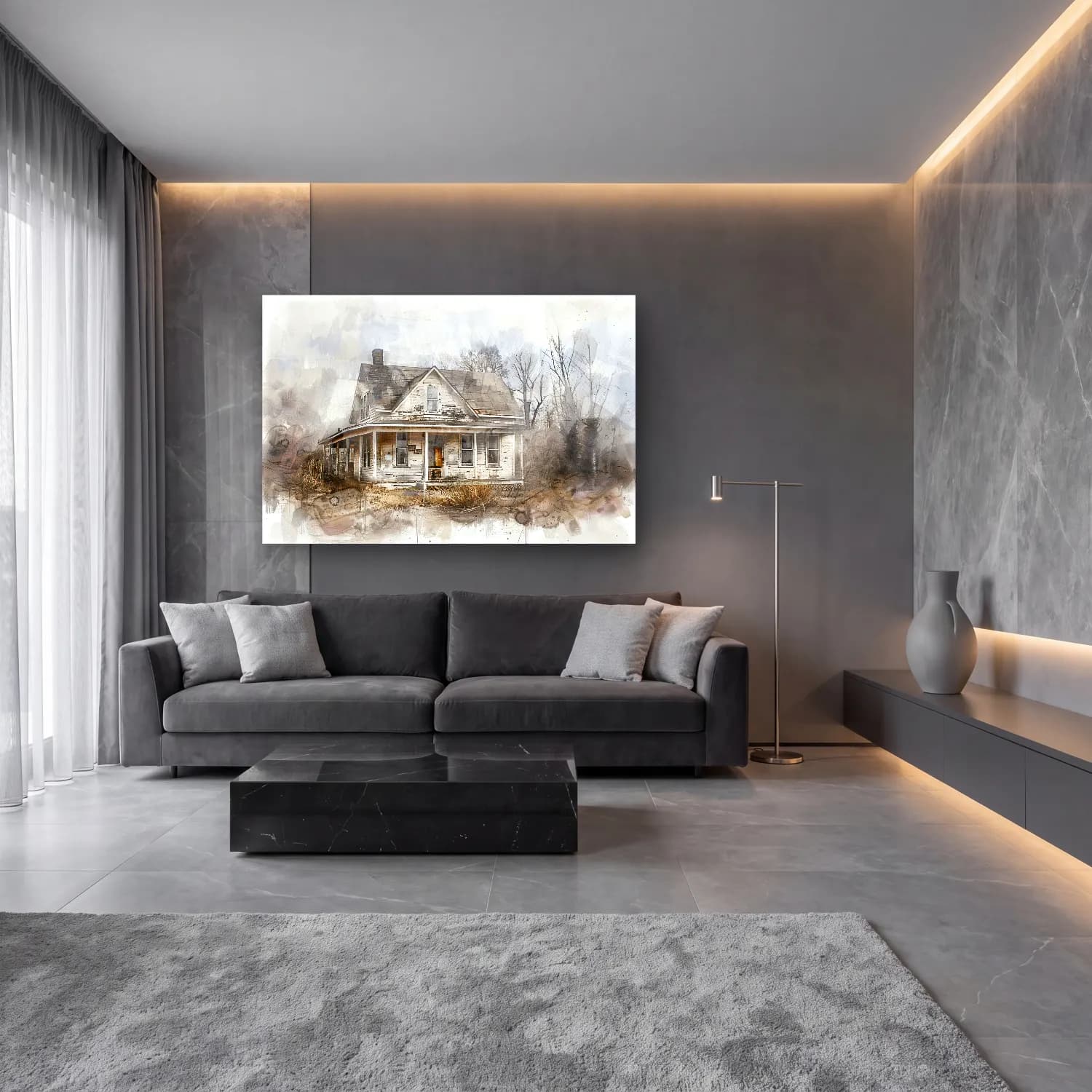 Suluboya Kır Evi No. 31 cam tablo — lüks salon duvarında