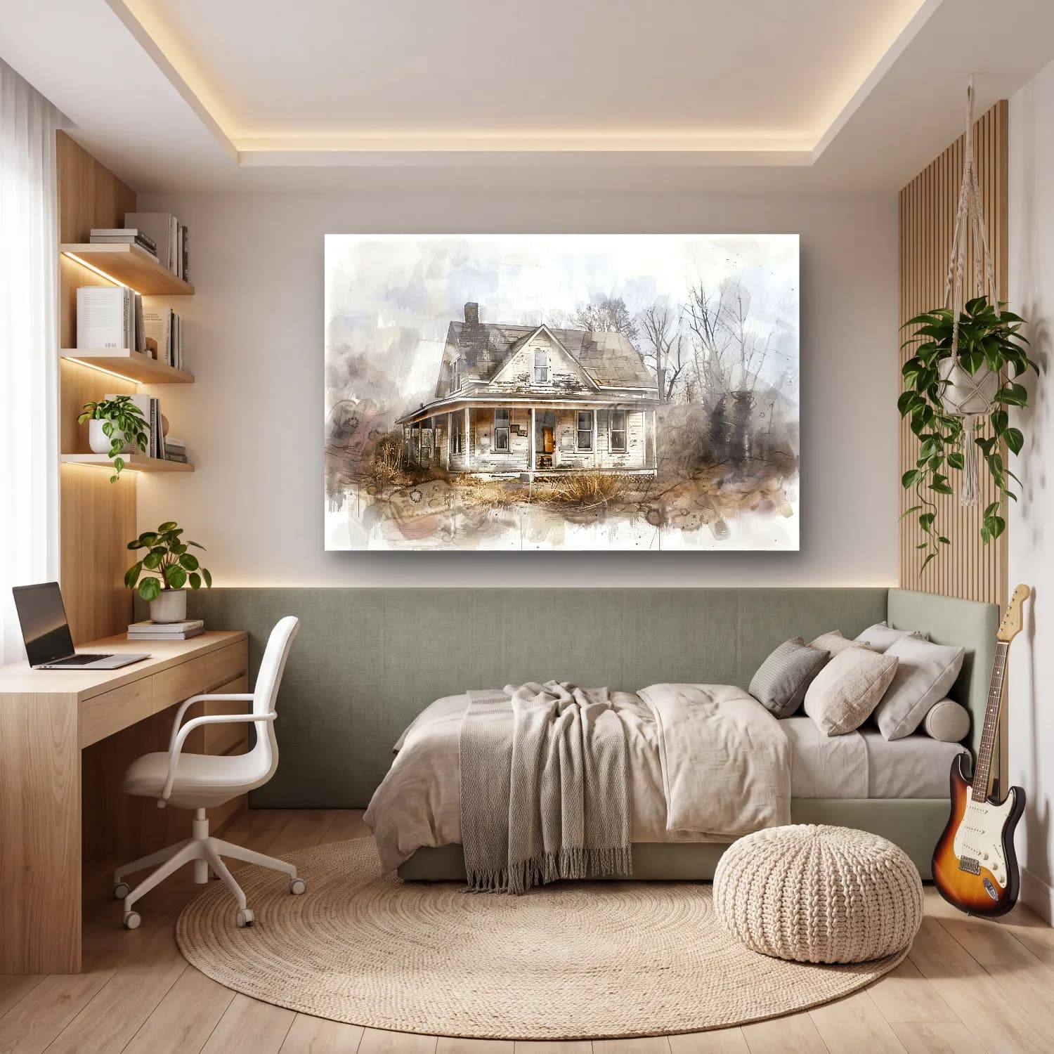 Suluboya Kır Evi No. 31 cam tablo — genç odasında