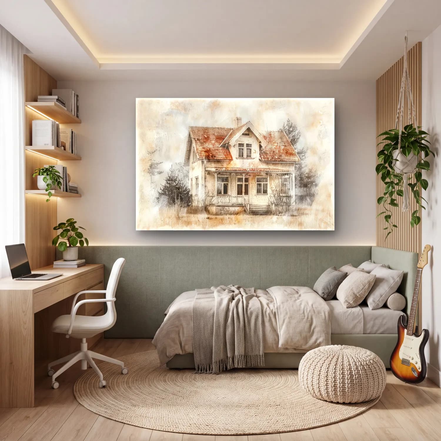Suluboya Kır Evi No. 34 cam tablo — genç odasında