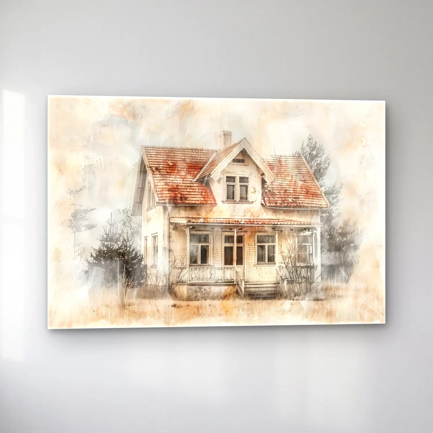 Suluboya Kır Evi No. 34 cam tablo — sol açıdan görünüm
