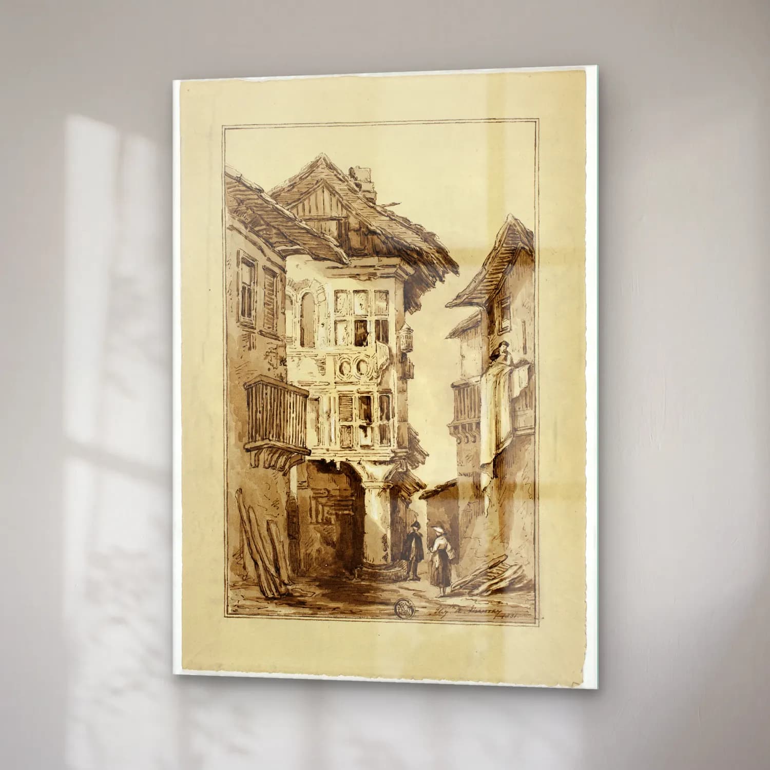 Vintage Köy Sokağı – Siyah Beyaz Tonlar cam tablo — sağ açıdan görünüm