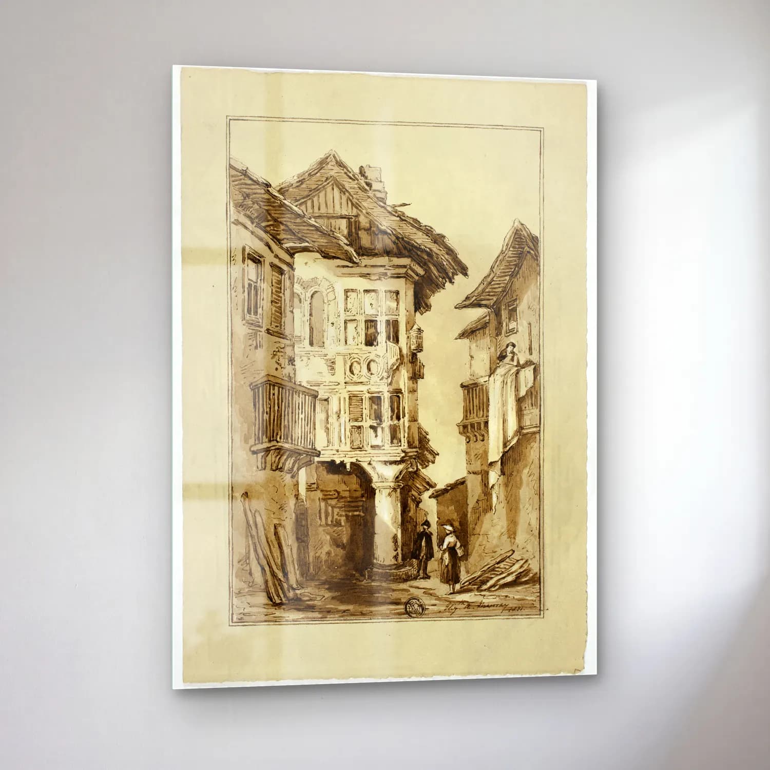 Vintage Köy Sokağı – Siyah Beyaz Tonlar cam tablo — sol açıdan görünüm