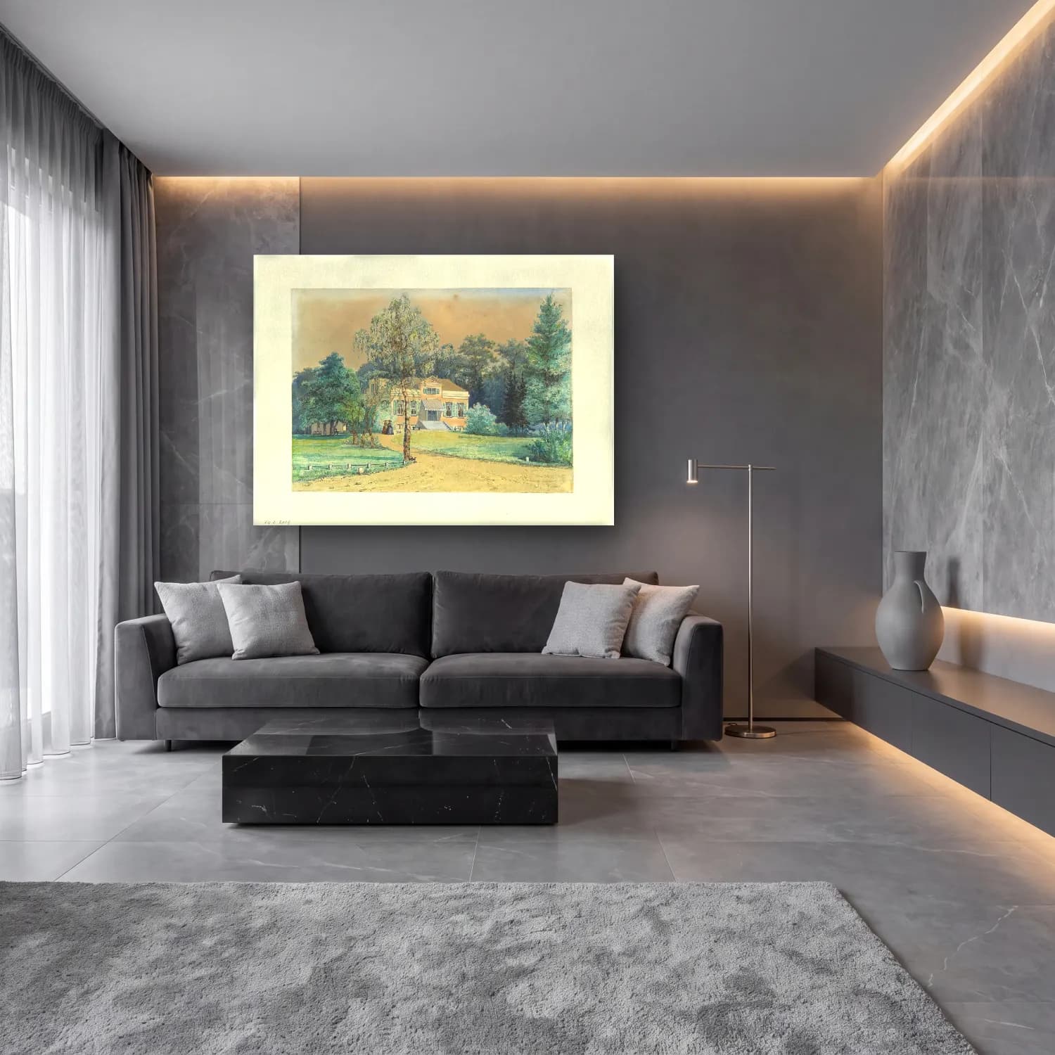 Suluboya Kır Evi No. 37 cam tablo — lüks salon duvarında