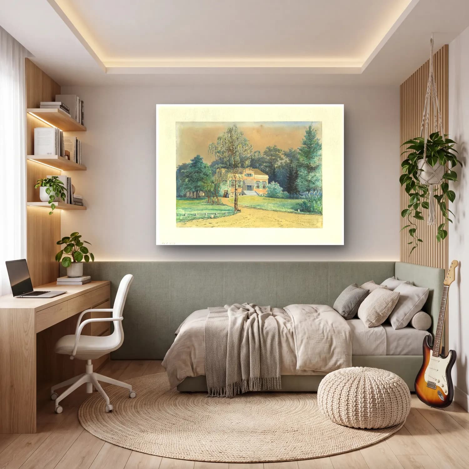 Suluboya Kır Evi No. 37 cam tablo — genç odasında
