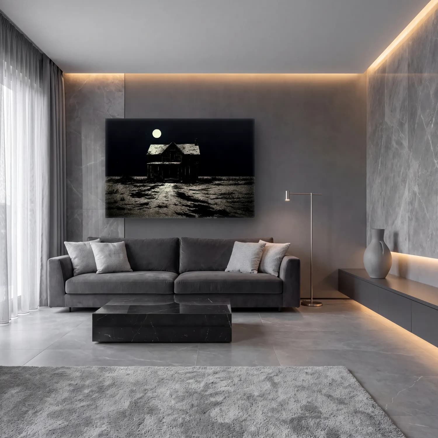 Siyah Beyaz Ay ve Gece – Siyah Beyaz Tonlar cam tablo — lüks salon duvarında