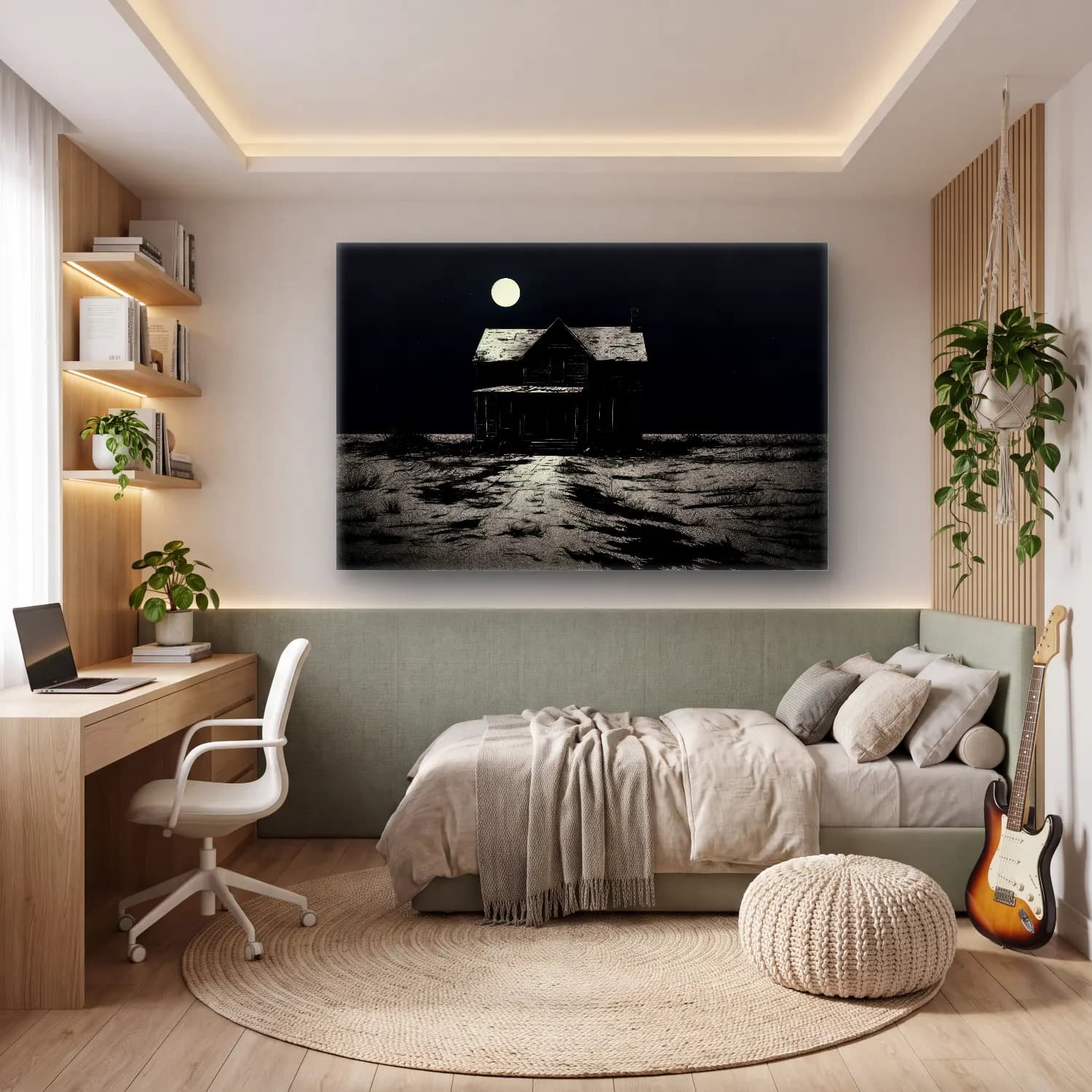 Siyah Beyaz Ay ve Gece – Siyah Beyaz Tonlar cam tablo — genç odasında
