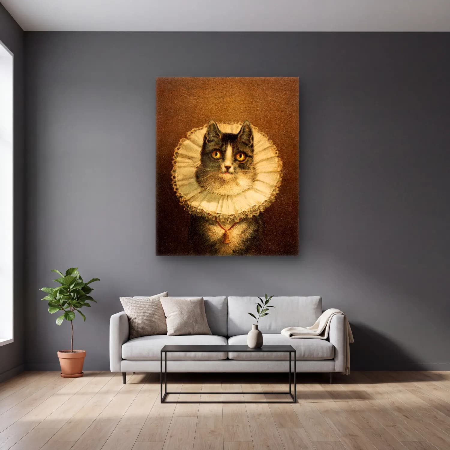 Vintage Kedi No. 22 cam tablo — gri duvarlı salonda