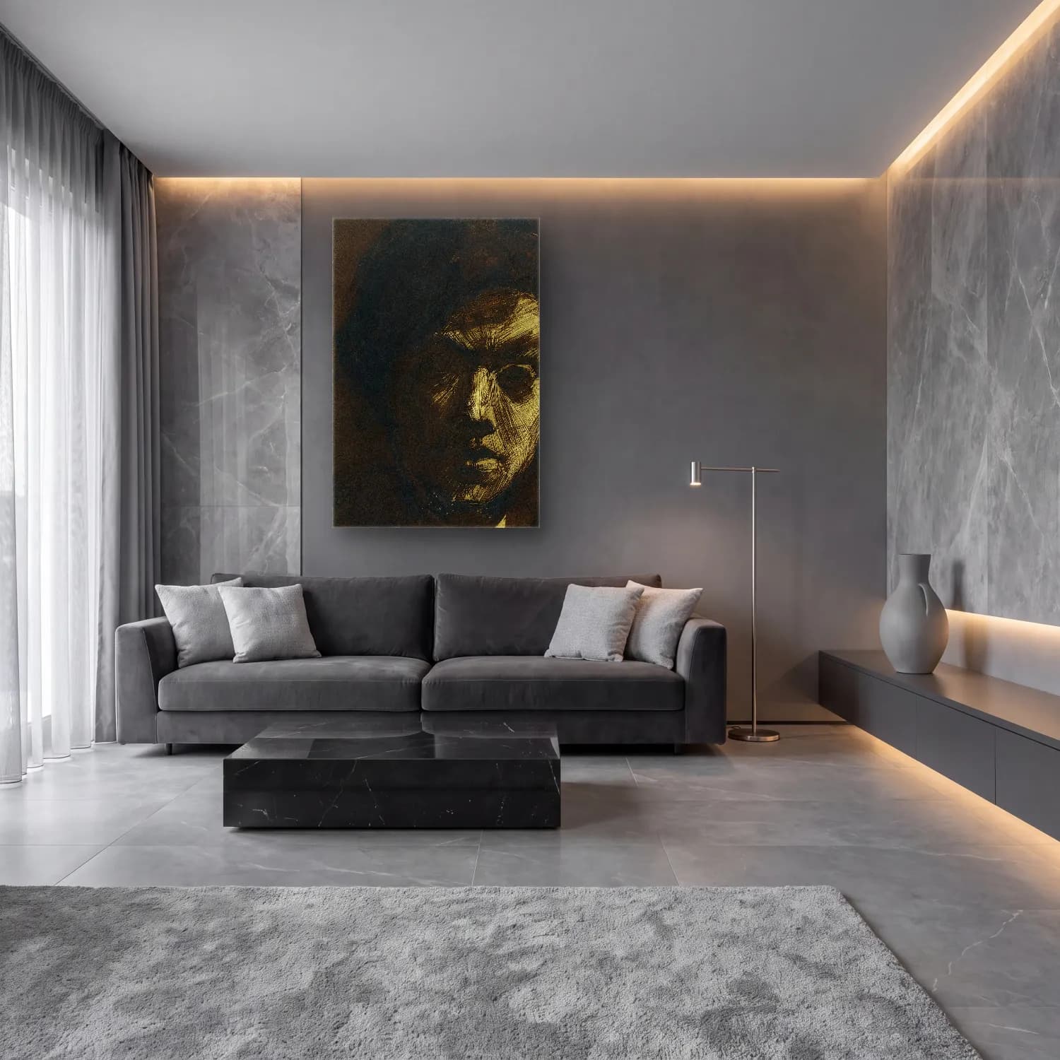 Siyah Beyaz Erkek Portresi No. 4 cam tablo — lüks salon duvarında