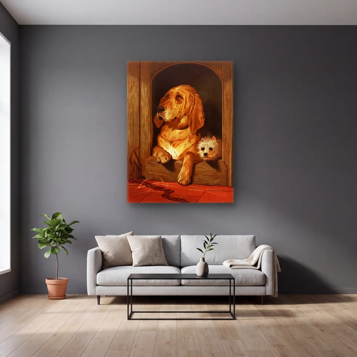 Vintage Köpek No. 18 cam tablo — gri duvarlı salonda
