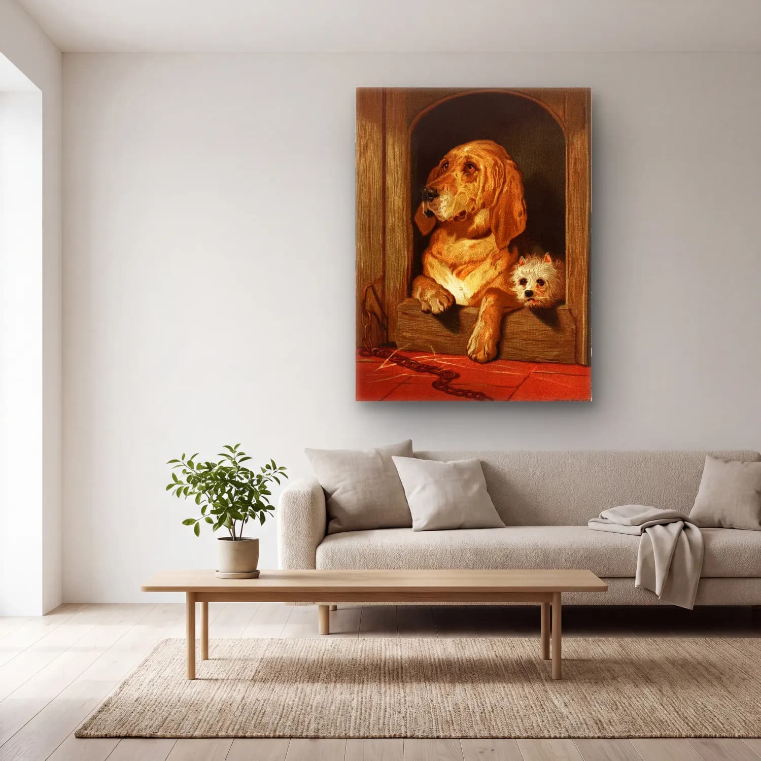 Vintage Köpek No. 18 cam tablo — açık renk salonda