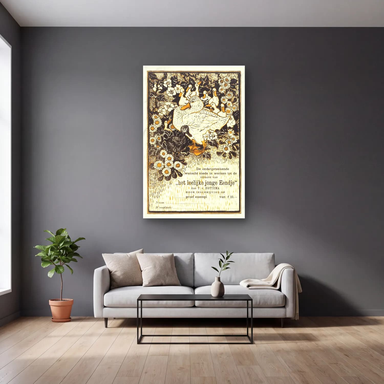 Vintage Poster Ördekler cam tablo — gri duvarlı salonda