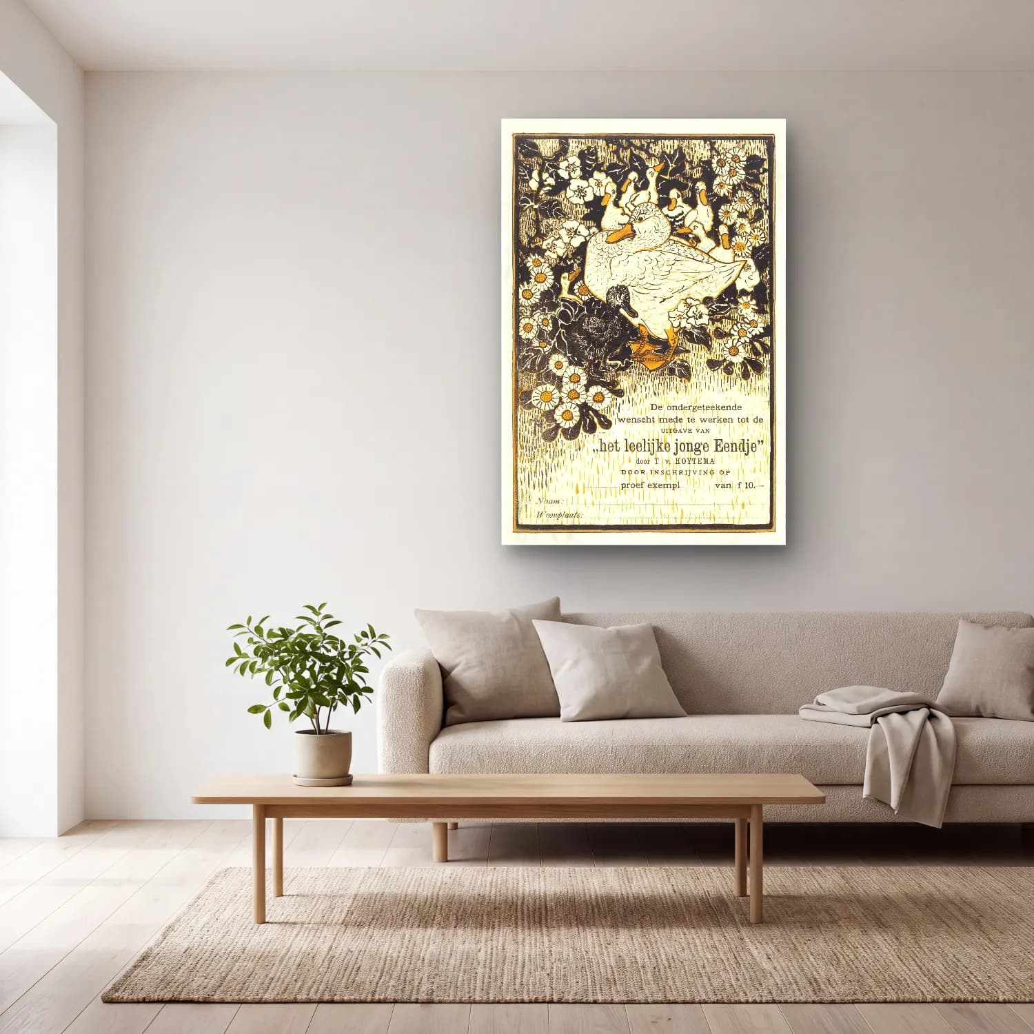 Vintage Poster Ördekler cam tablo — açık renk salonda