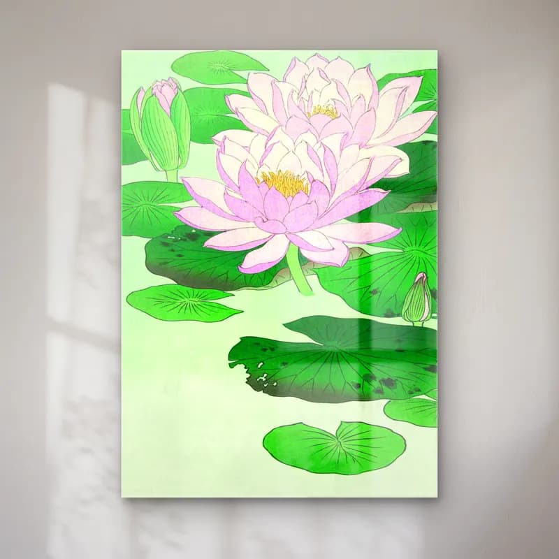 Japon Baskı Lotus Çiçekleri – Yeşil Tonlar cam tablo — Japon Baskı Lotus Çiçekleri – Yeşil Tonlar — japon baskı lotus çiçekleri
