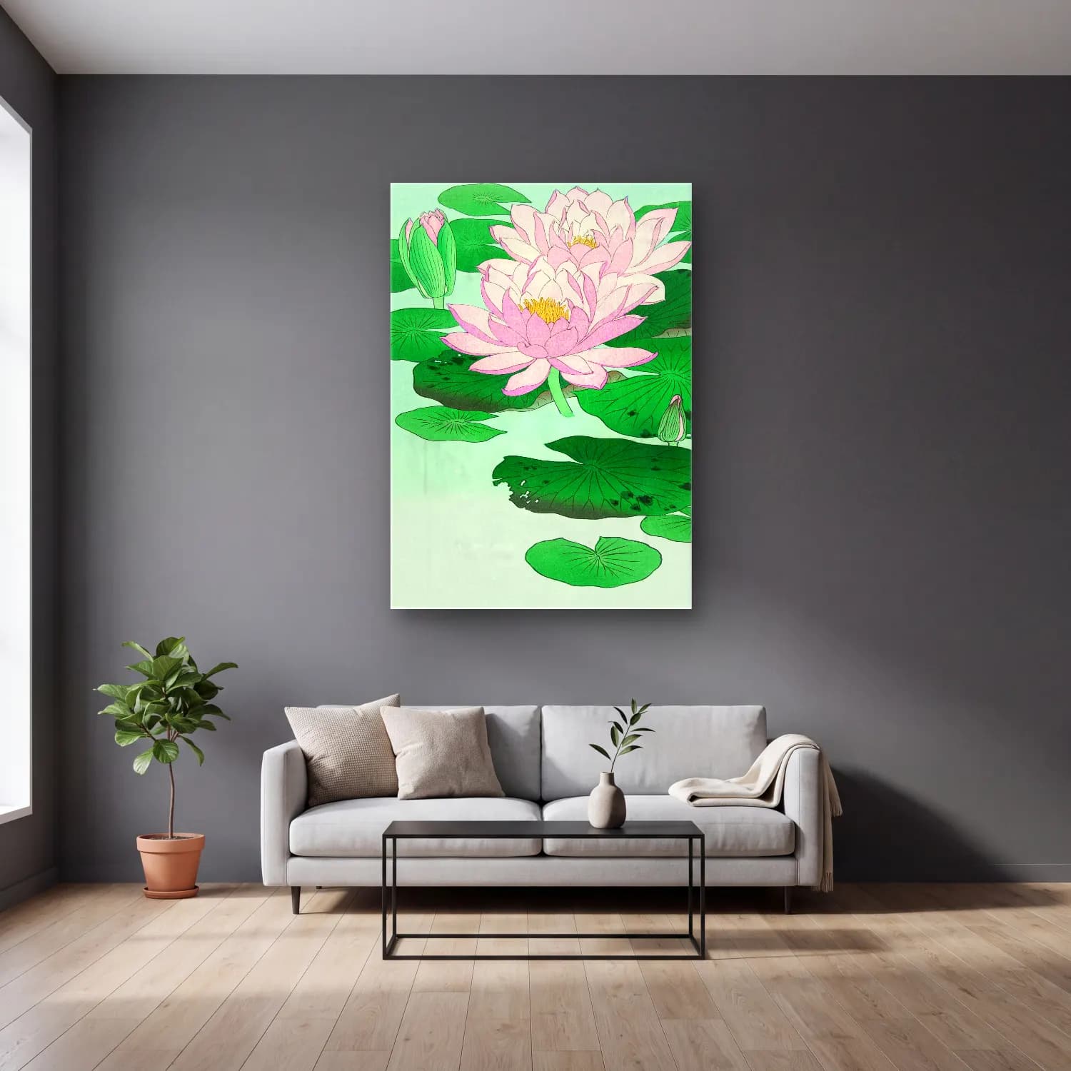 Japon Baskı Lotus Çiçekleri – Yeşil Tonlar cam tablo — gri duvarlı salonda