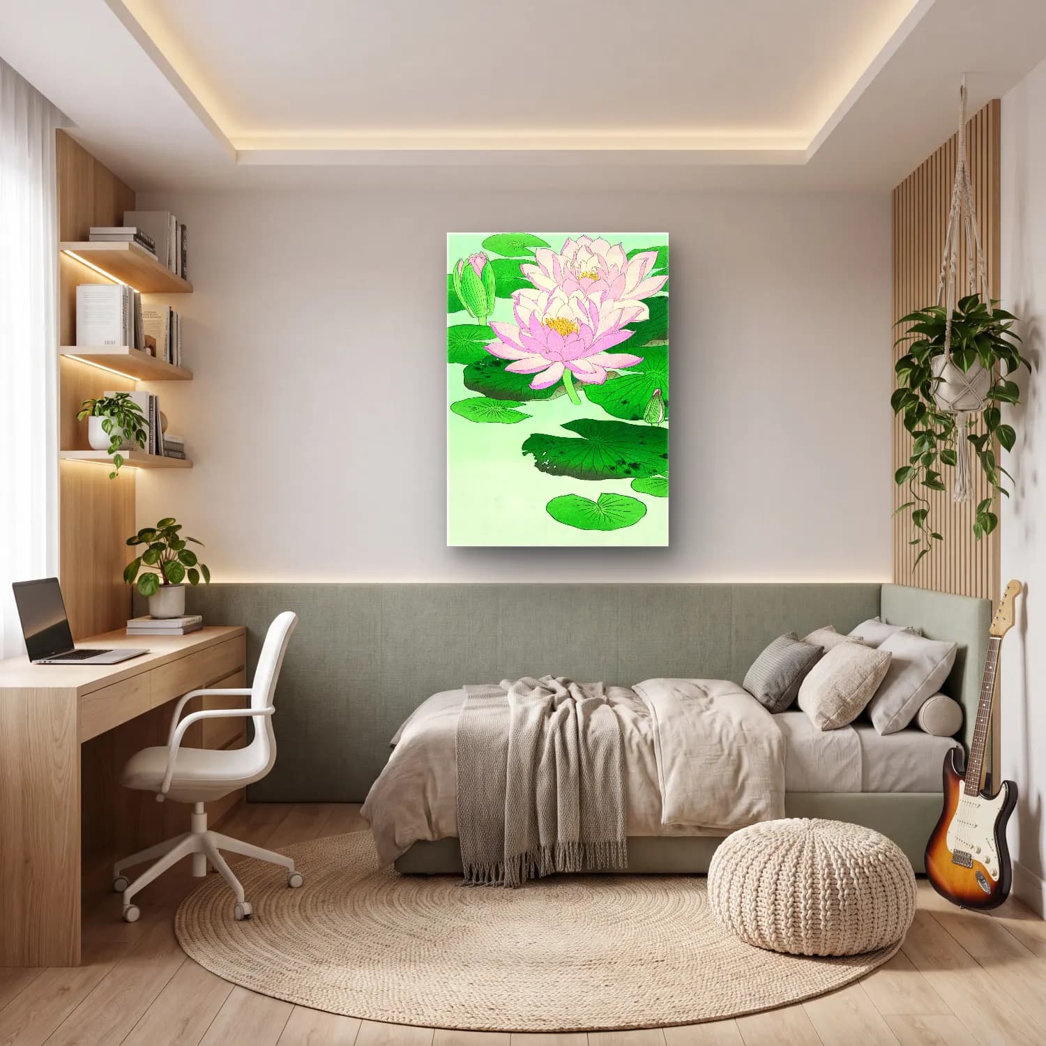 Japon Baskı Lotus Çiçekleri – Yeşil Tonlar cam tablo — genç odasında
