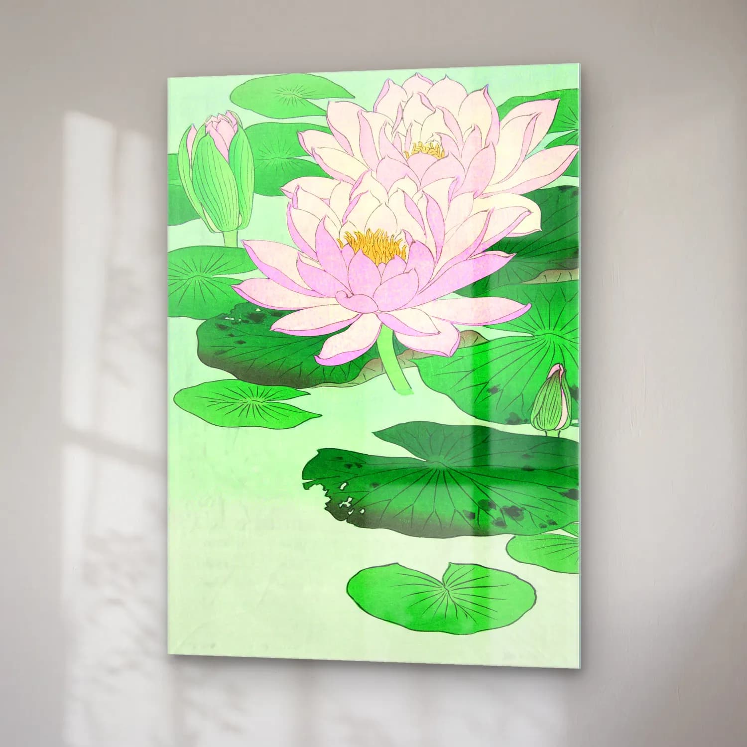 Japon Baskı Lotus Çiçekleri – Yeşil Tonlar cam tablo — sağ açıdan görünüm