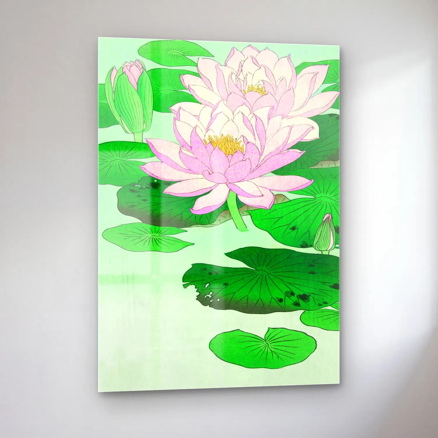 Japon Baskı Lotus Çiçekleri – Yeşil Tonlar cam tablo — sol açıdan görünüm