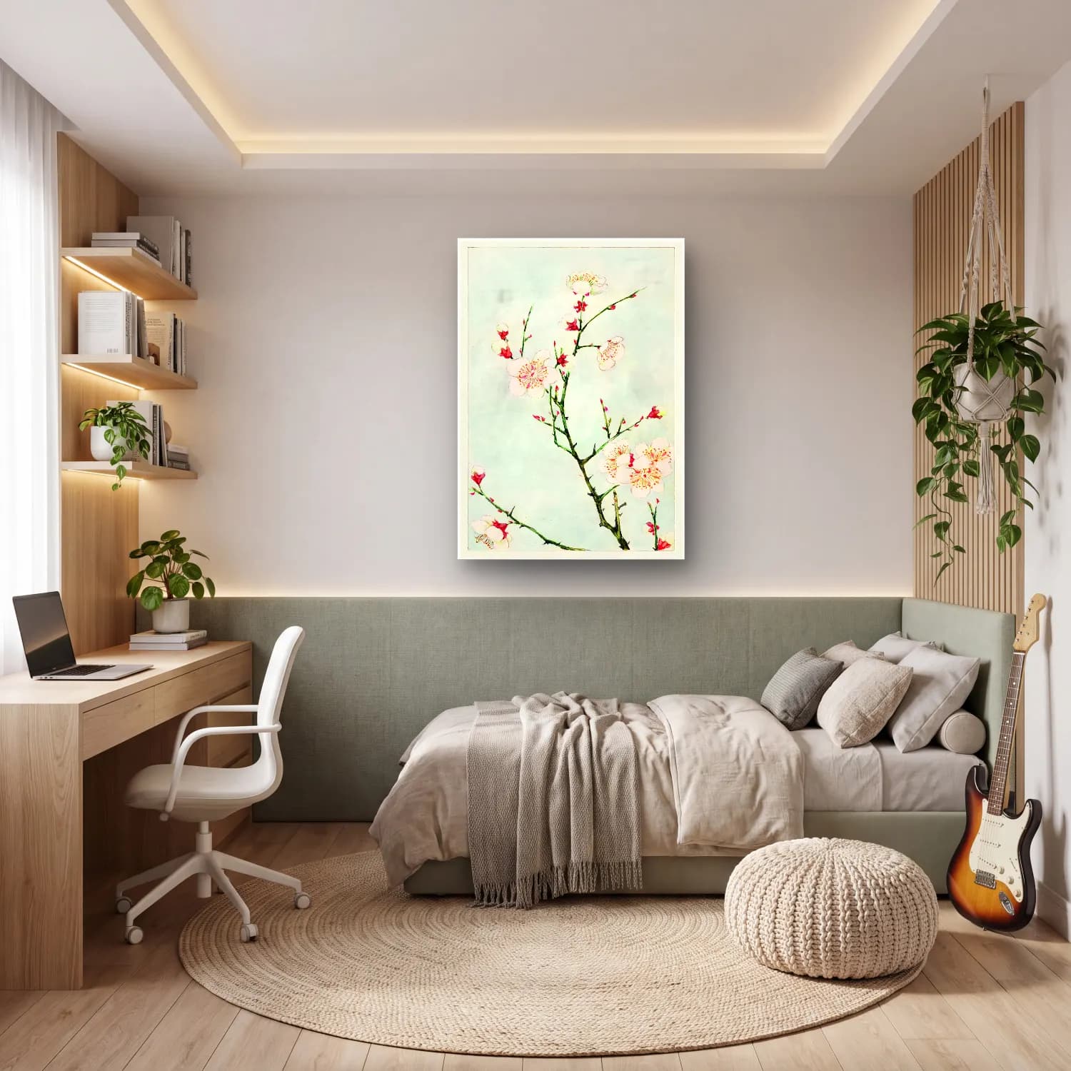 Botanik İllüstrasyon Kiraz Çiçekleri – Pastel Tonlar cam tablo — genç odasında