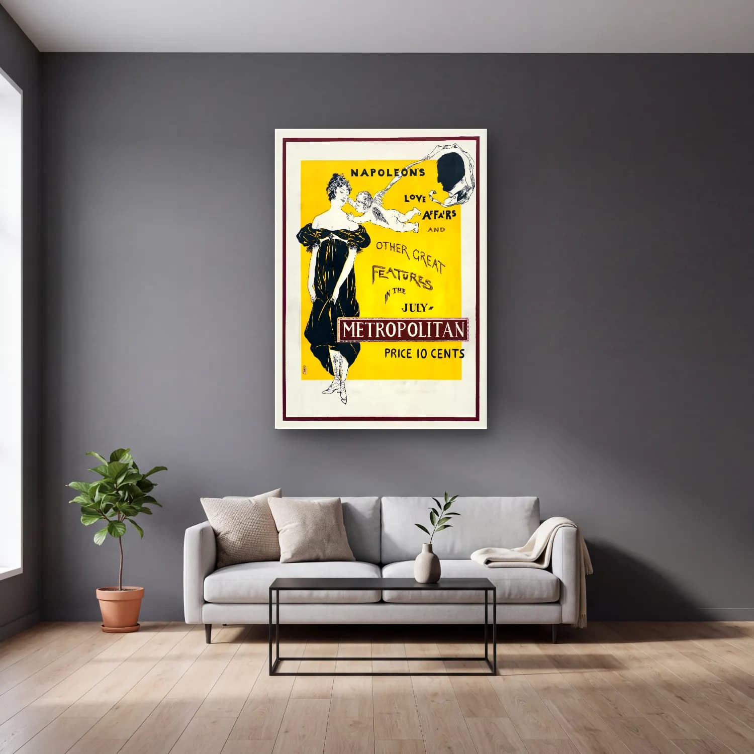 Vintage Poster Elbiseli Kadın No. 15 cam tablo — gri duvarlı salonda