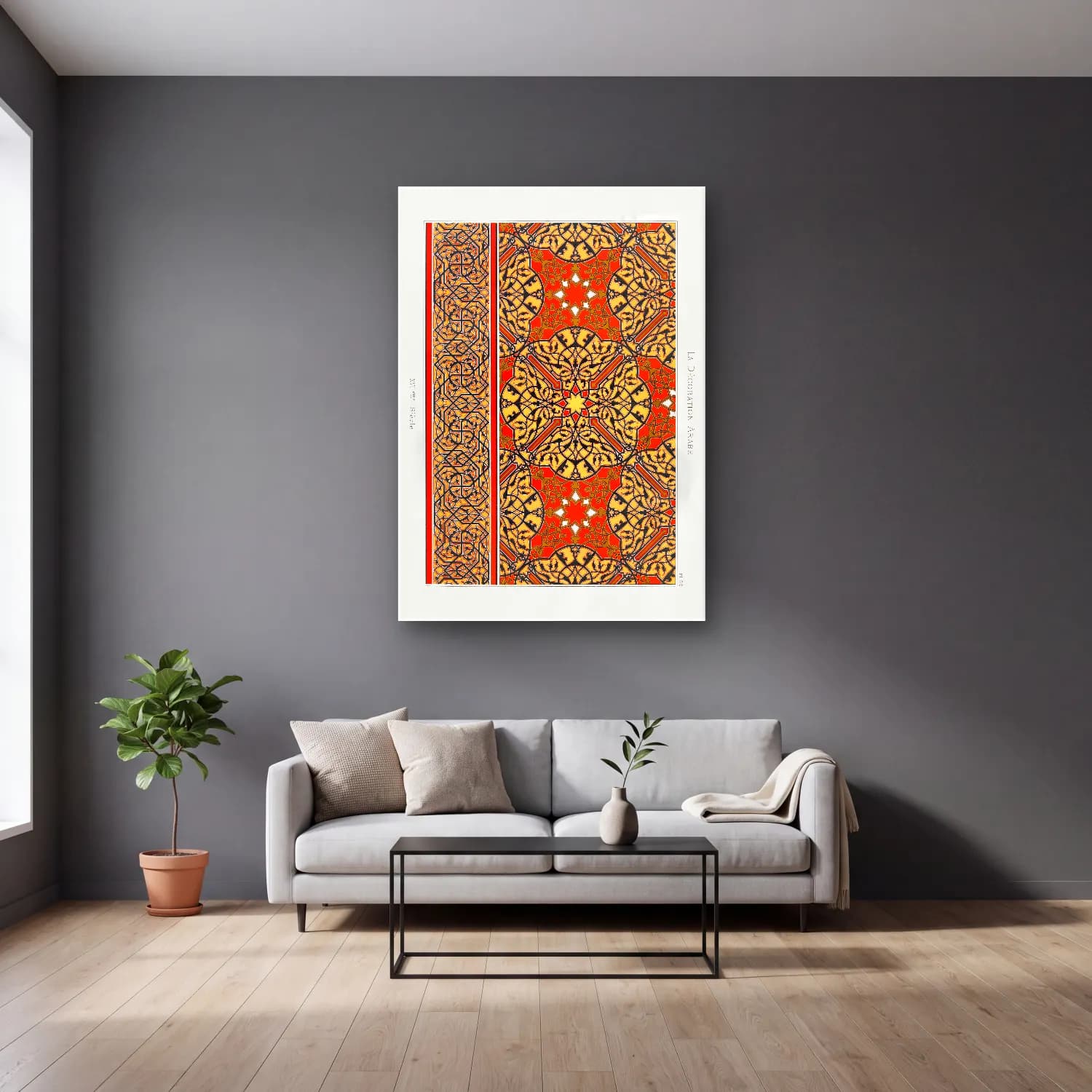 Boho Çiçek Deseni No. 139 cam tablo — gri duvarlı salonda